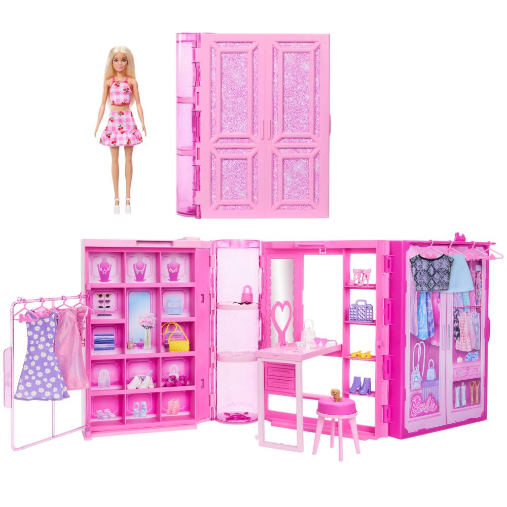 Barbie Dream Closet Toy Playset with Blonde Fashion Doll, Clothes & Accessories, 3-ft-Wide with 25+ Pieces, 3 Complete Looks