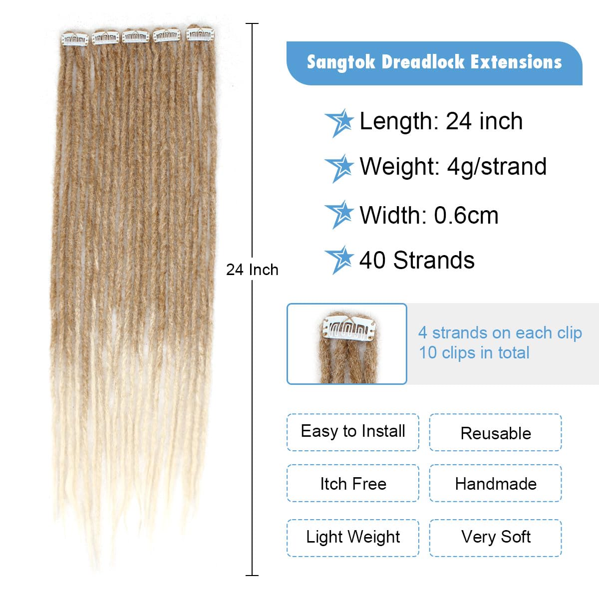 Sangtok 10 PCS Clip in Dreadlocks Hair Extensions, 24 inch Synthetic Dreads Extensions, Thin Straight Dreadlock for White Women(brown/blonde)