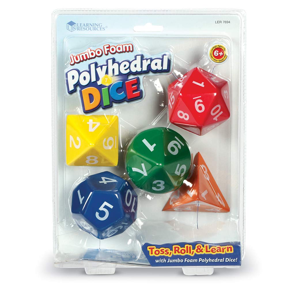 Learning Resources LER7694 Jumbo Foam Polyhedral Dice, 5 Dice, 4, 8, 10, 20 Sides, Ages 5+