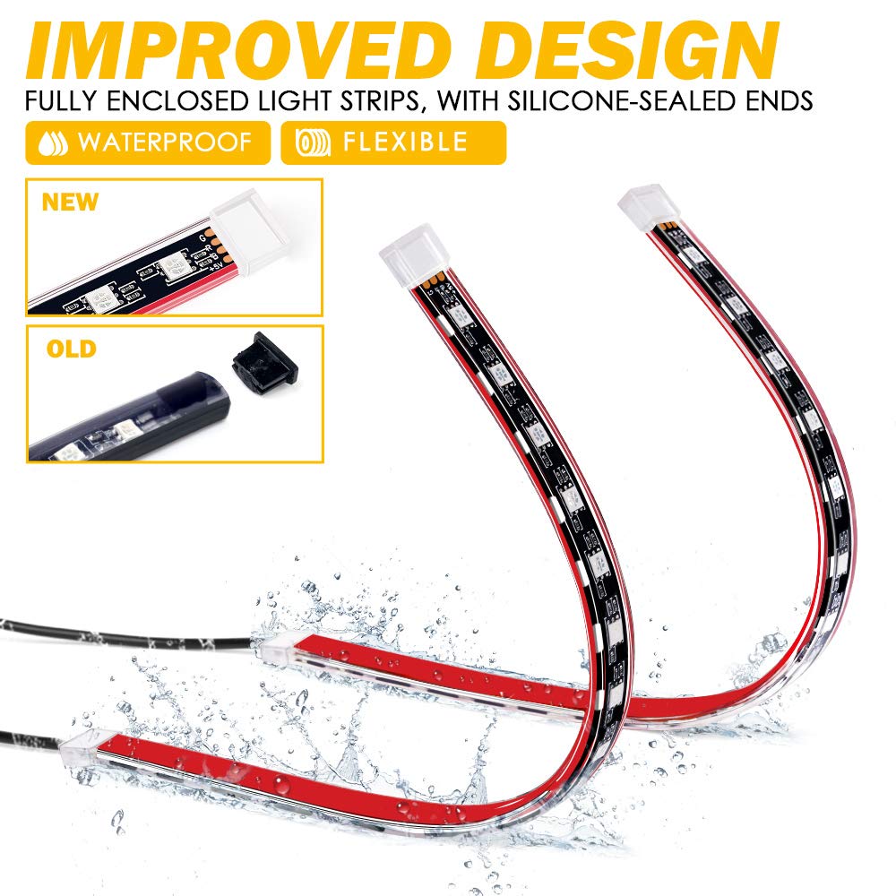 Xprite RGB LED Car Interior Bluetooth Light Strip with Wireless Remote Silicone Sealed Design, Under Dash Footwell Lights Kit w/USB Cable, Universal for Vehicle Internal, SUV, Truck -4 PCS