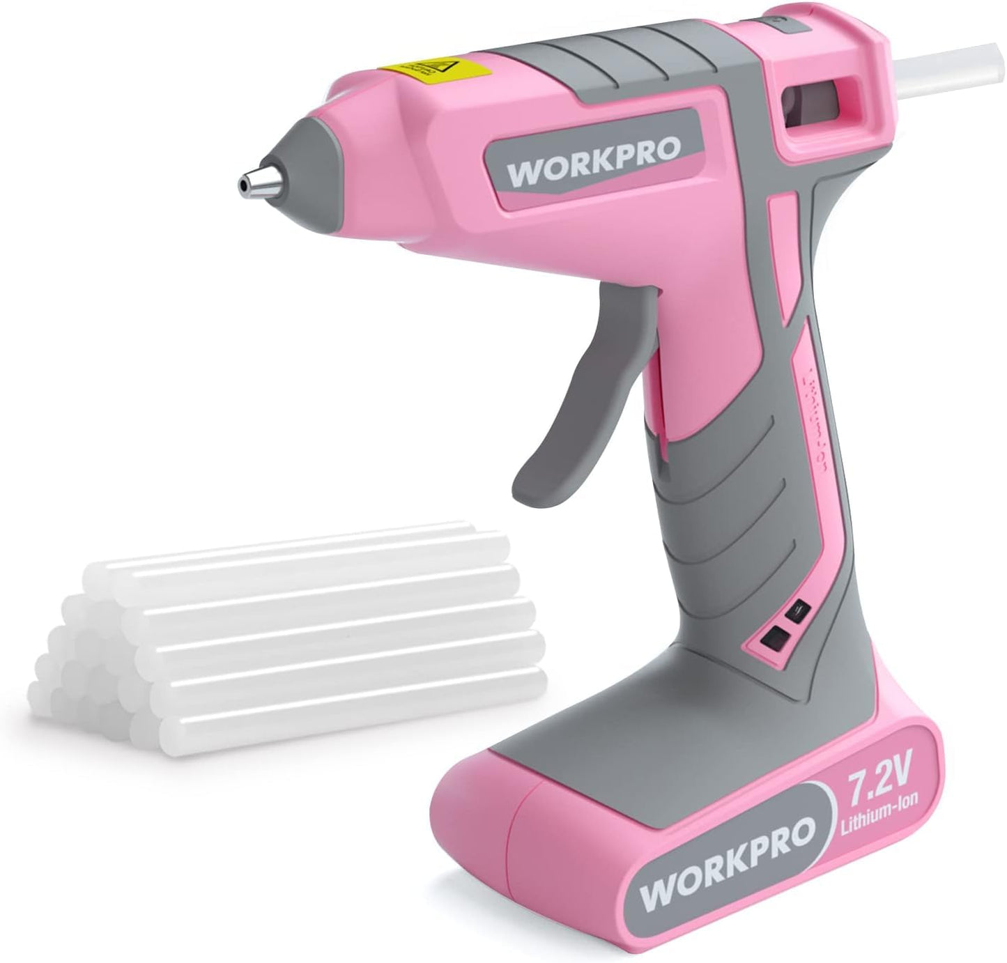 WORKPRO Pink Cordless Hot Melt Glue Gun, 7.2V Rechargeable Fast Preheating Glue Gun Kit with 20 Pcs Premium Mini Glue Stick, Use While Charging, Automatic-Power-Off Glue Gun for Art, Craft, Decoration