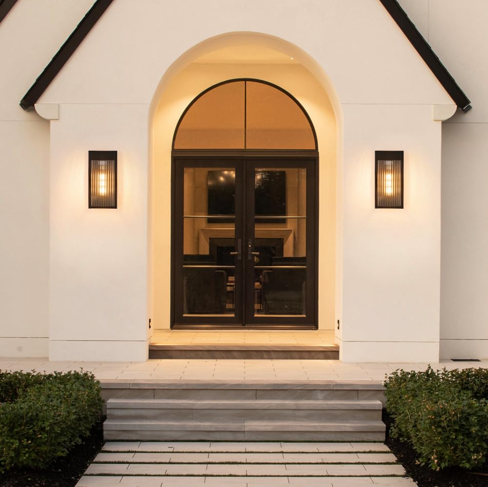 Cerdeco Black Outdoor Wall Light with Striped Tempered Glass,Modern Outdoor Wall Sconce with E26 Socket,2 Pack