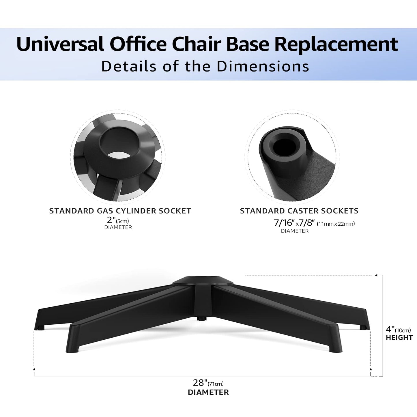 Mastery MART 28" Heavy Duty Office Chair Base Replacement Parts, 2400 Lbs, Desk Chair Reinforced Metal Leg with Universal Gas Cylinder Hole and Casters Sockets, Matte Black