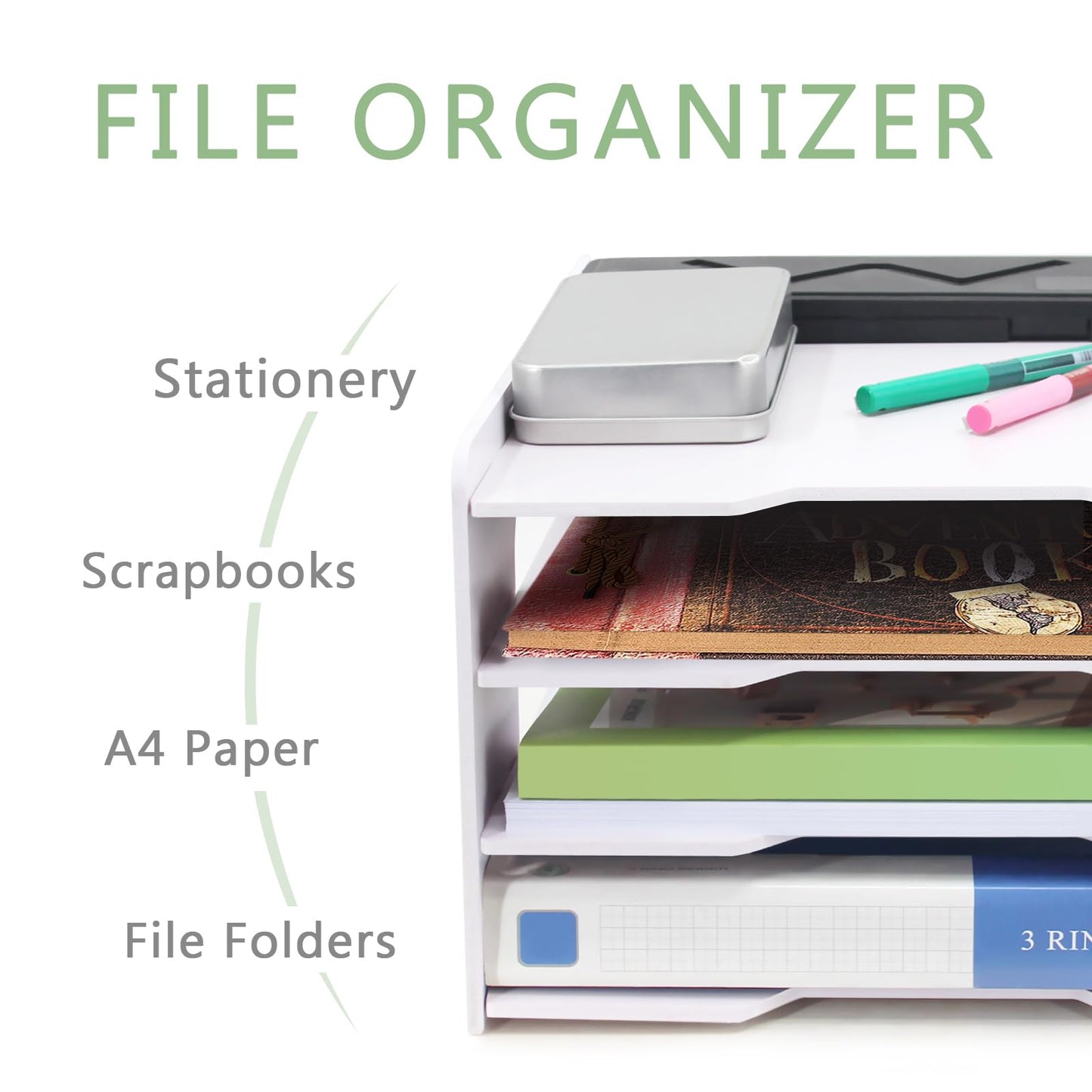 SONGWAY Scrapbook Paper Organizer 12x12-4 Tier File Organizer for Desk, 12x12 Stackable Scrapbook Paper Storage Trays, Desktop File Storage Cube for Home Office School