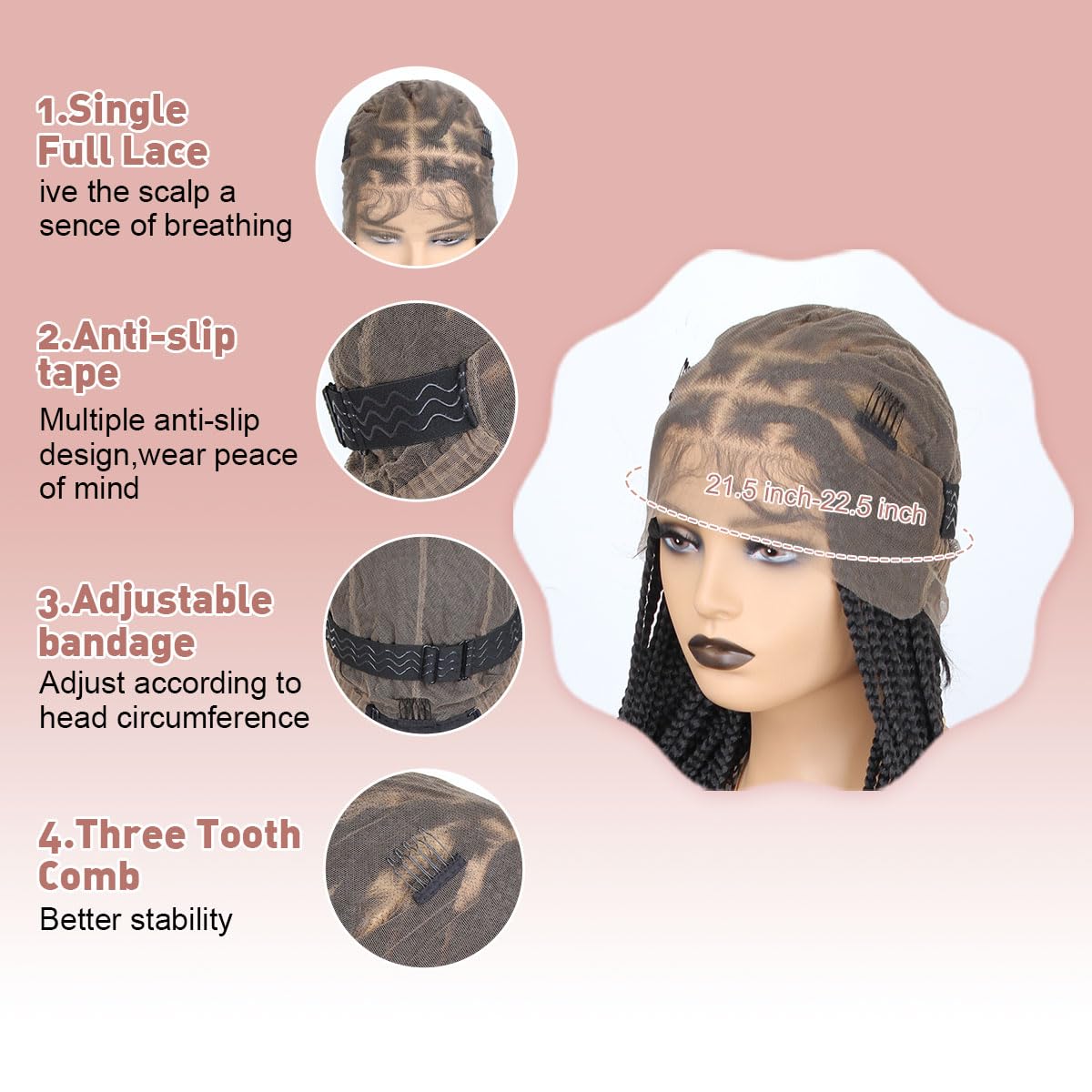 QUISDUIS 36" 360° HD Single-layer Full Lace Braided Wigs for Black Women, Square Knotless Box Braid Wig with Baby Hair Handmade Synthetic Hair Blended Lace Front Wig Natural Black