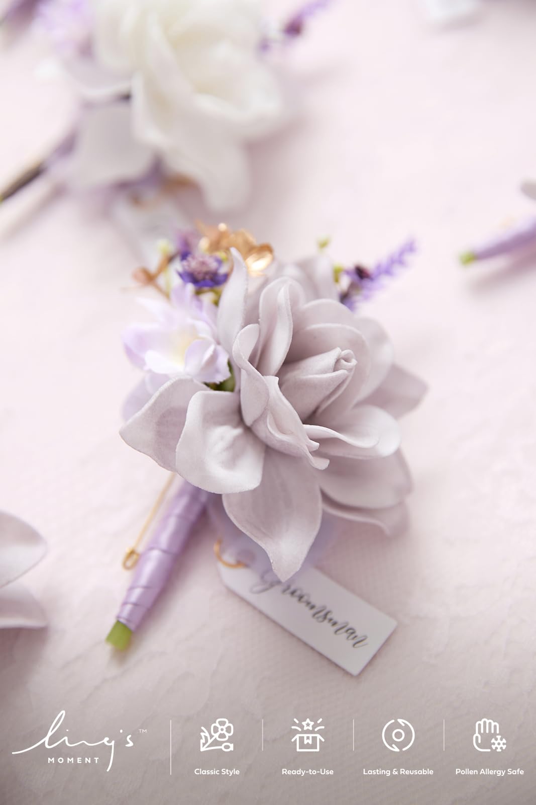 Ling's Moment Boutonniere for Men, 6pcs Groom Groomsmen Boutonniere, Artificial Flowers for Wedding Decor/Prom/Homecoming, etc.Purple Lilac Lavender