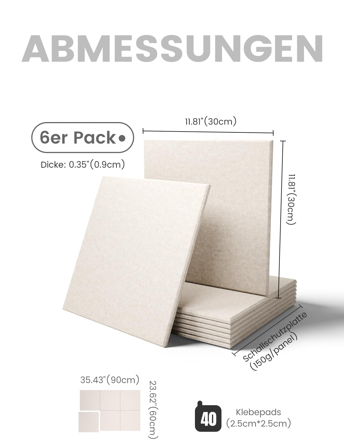 Bumusty Large Felt Bulletin Board, Cork Board Alternative, 6-Pack Solid Felt Wall Tiles with 30 Push Pins and 40 Adhesive Tabs, Ideal for Office, Home & Classroom, Oatmeal