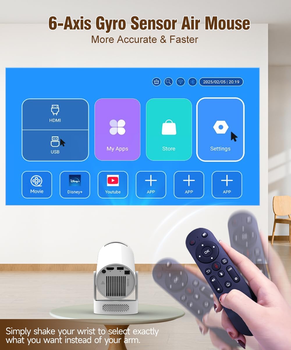 Mini Projector with WiFi6 and Bluetooth5.4, Android 14 Portable Smart Projector 4K Support, 5w Soundbase Speaker, 200ANSI & Auto Keystone, 180° Rotatable, Projecteur for Home Bedroom Movie HY300Pro+