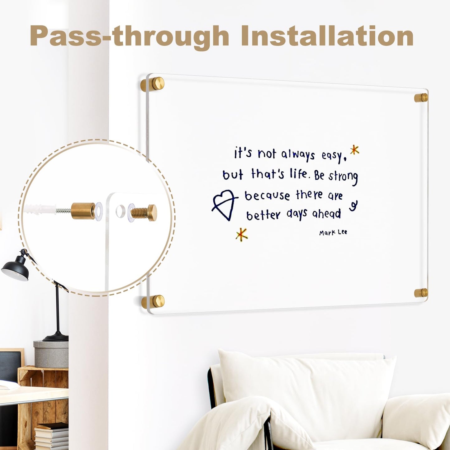 AMUSIGHT Large Clear Acrylic Dry Erase Board, 28" X 20" Golden Non-Magnetic Frameless Clear White Board for Wall, Erasable Acrylic Board for Wall, Home, Office, School, 2 Markers