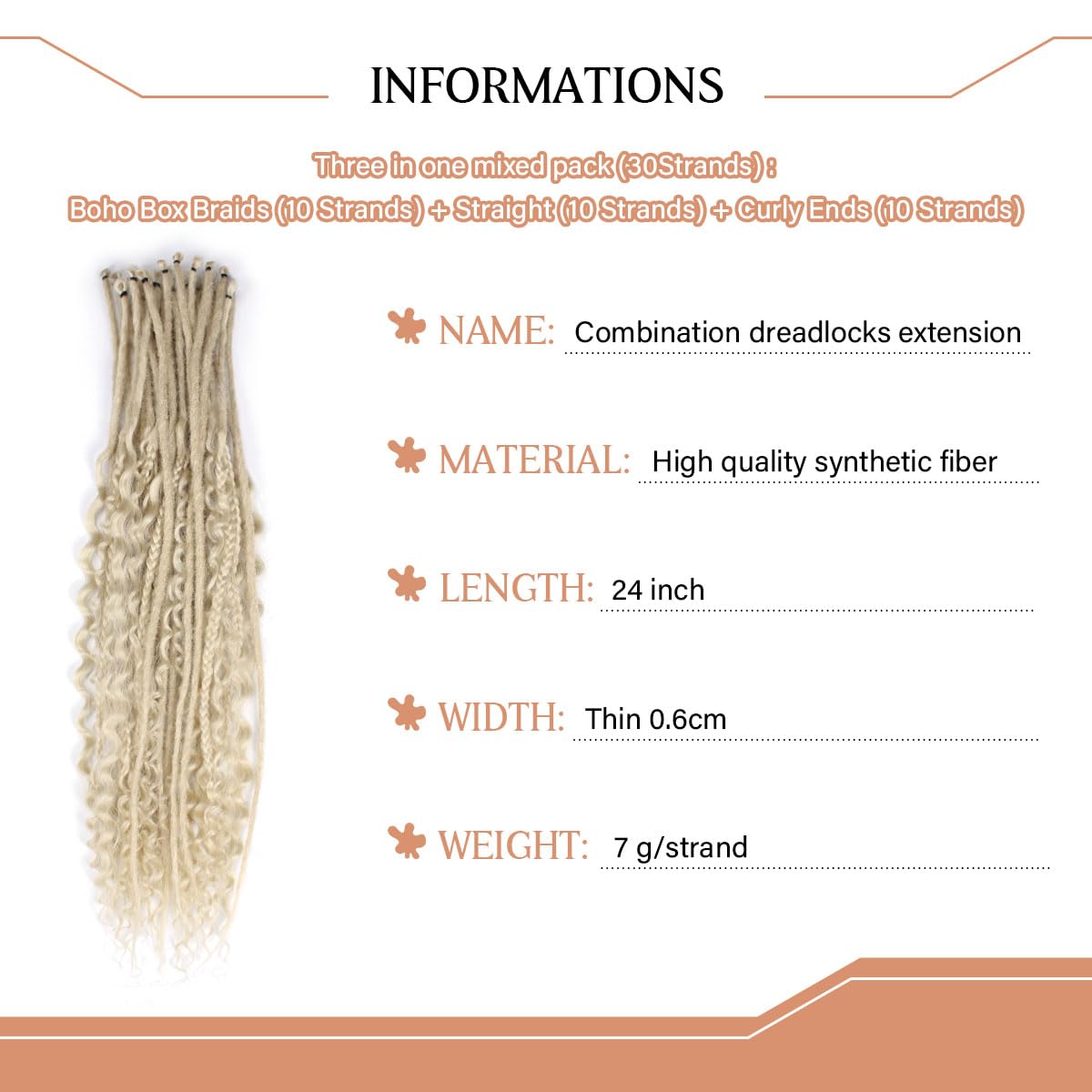Lounoke 24 Inch 30 Strands SE Dreadlock Extensions Sets?3 In 1 Mixed Synthetic Dreads Extensions, 613 Blonde Straight&Curly&Boho Handmade Dreads Hippie Style Dreadlocks for Woman …