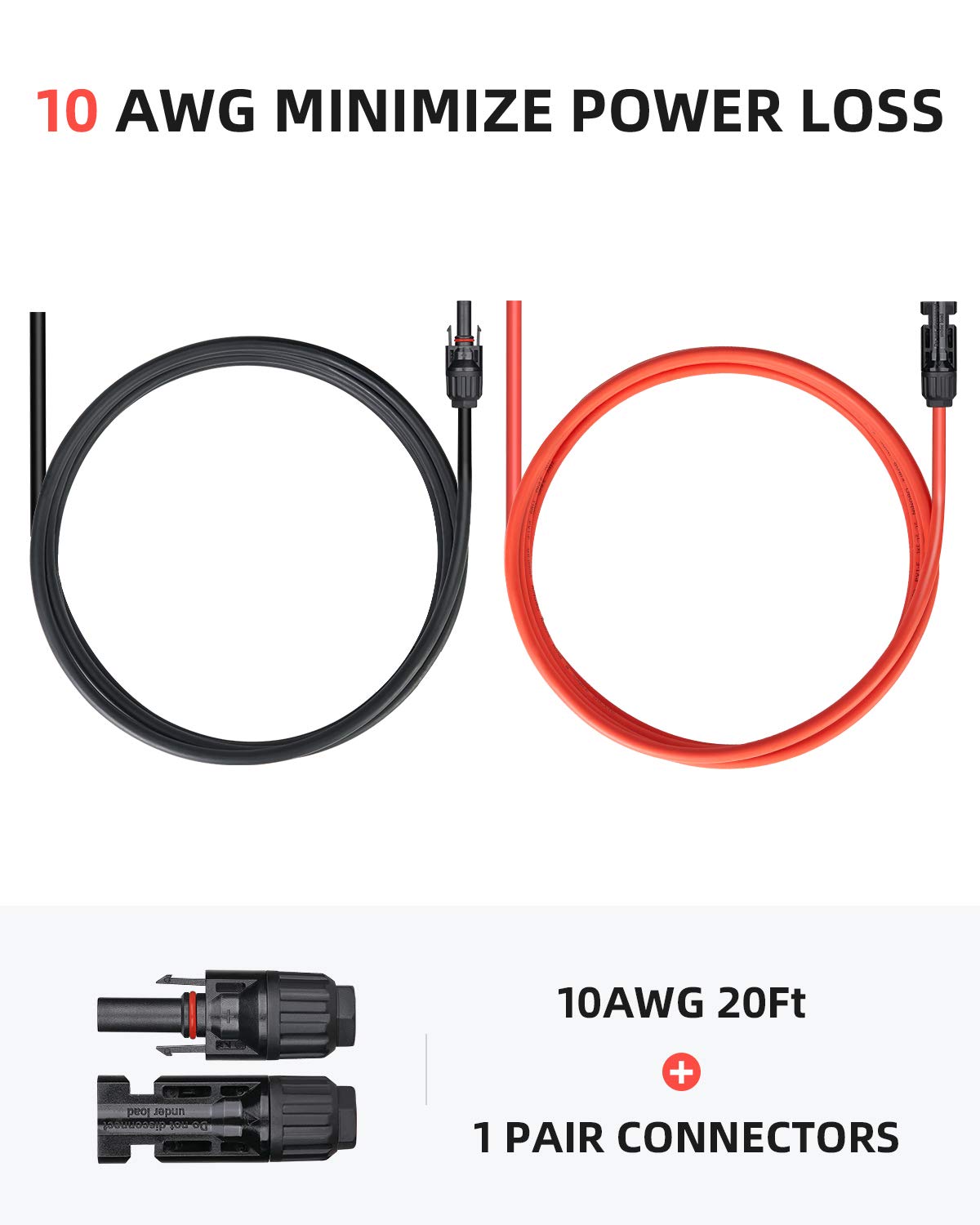 BougeRV 20 FT 10AWG Solar Cable with 2 Pairs of Solar Panel connectors,Solar Panel Cables,Solar Extension Cable,Solar Panel Adaptor Kit Tool (20FT 10AWG)