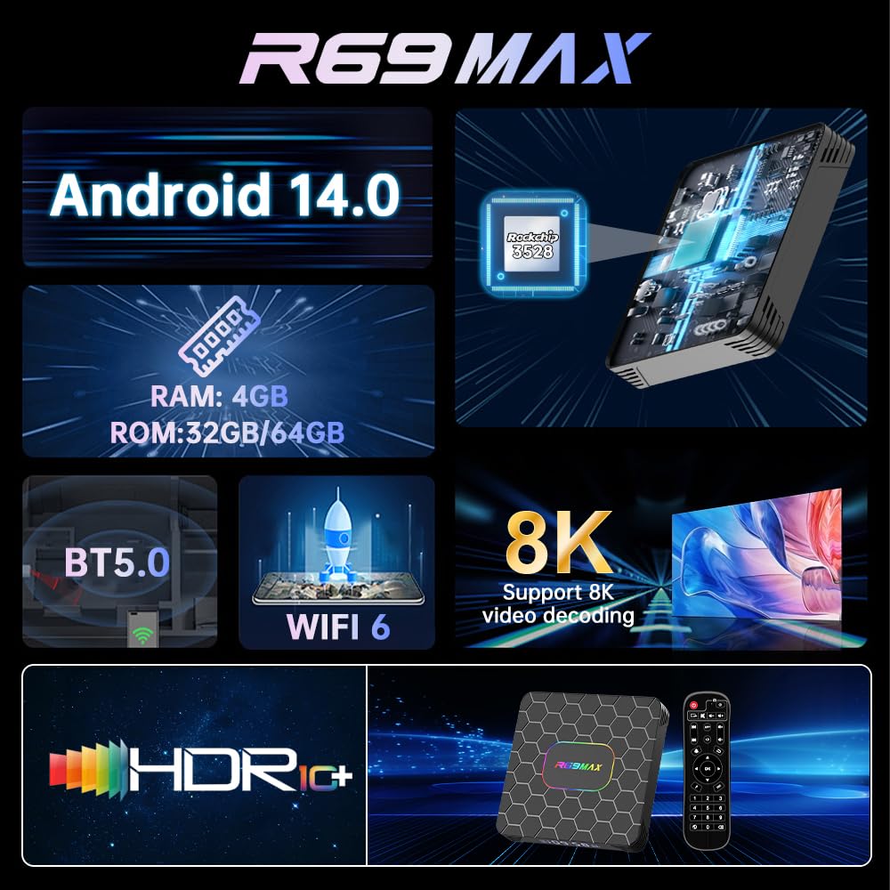 Android TV Box,2025 Android 14 TV Box with 4K 8K HDR10 Wi-Fi 6 4GB RAM 64GB ROM Quad Core ARM Cortex-A53 Chip, Android Box 14.0 2.4G/5G Wi-Fi Ethernet Bluetooth5.0 H.265 3D 4K Smart Box