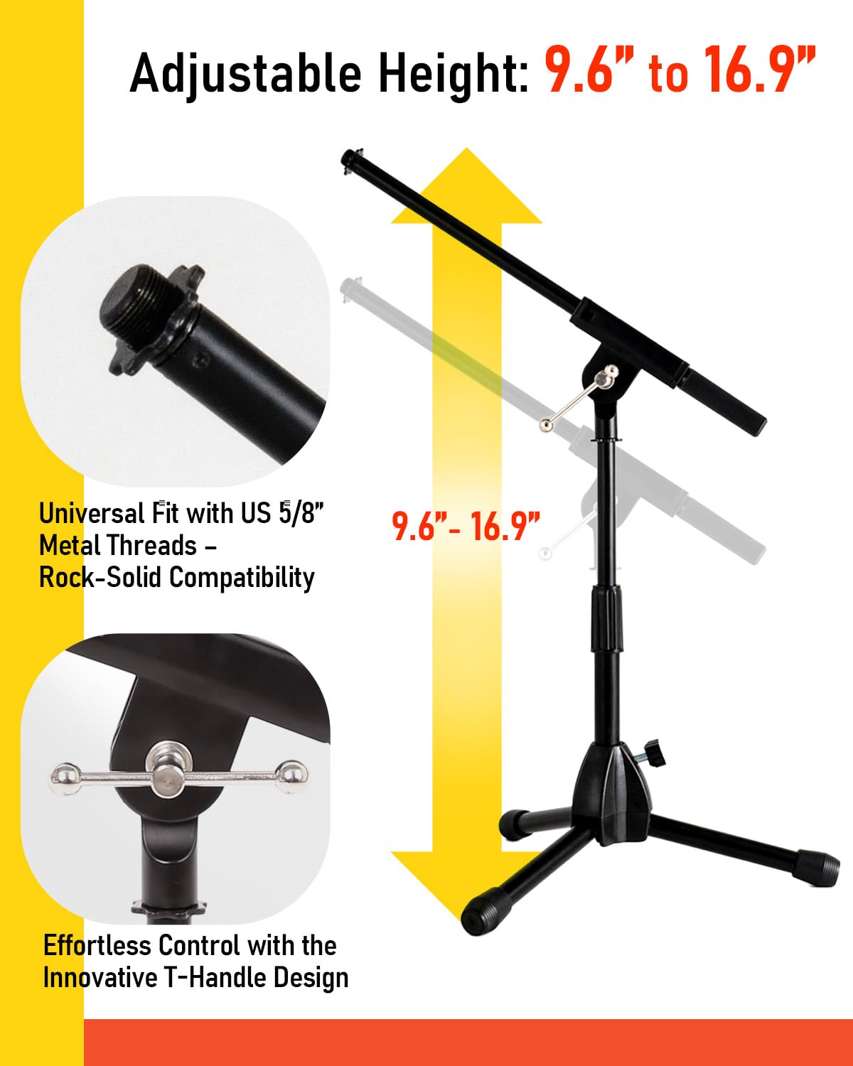 Stage Rocker Foldable Tripod Low-Profile Mic Boom Stand - Height Extending from 9.6'' to 16.9'', w/Adjustable Telescoping Arm Up to 9'', Lightweight/Convenient, Black, Powered by Hamilton(SR610121B)