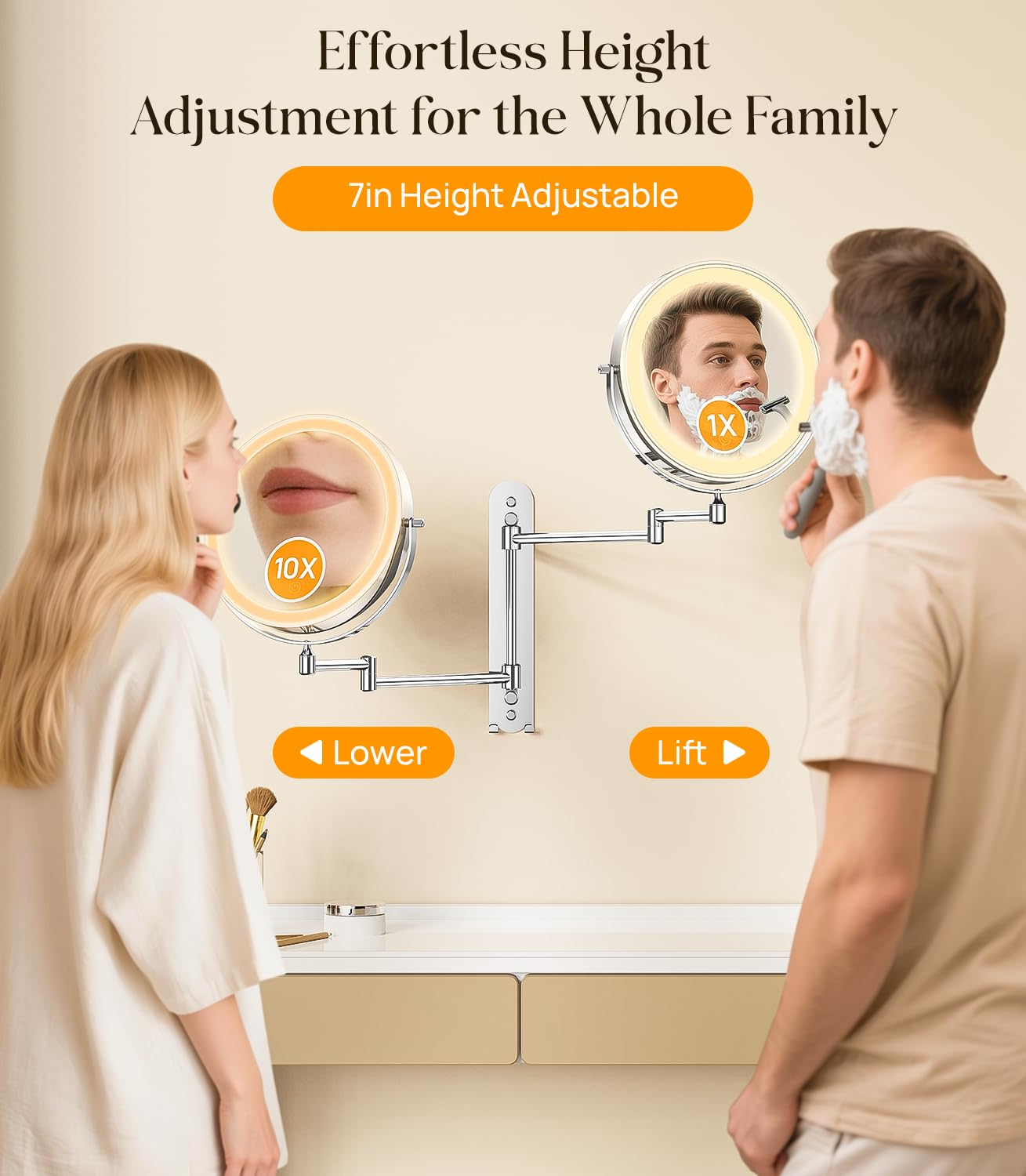Gospire 9” Wall Mounted Lighted Makeup Mirror with Magnification 10X, 7in Height Adjustable Vanity Lighted Mirrors for Bathroom Wall, 360° Extended Arm Shaving Wall Mirror with Lights - Chrome