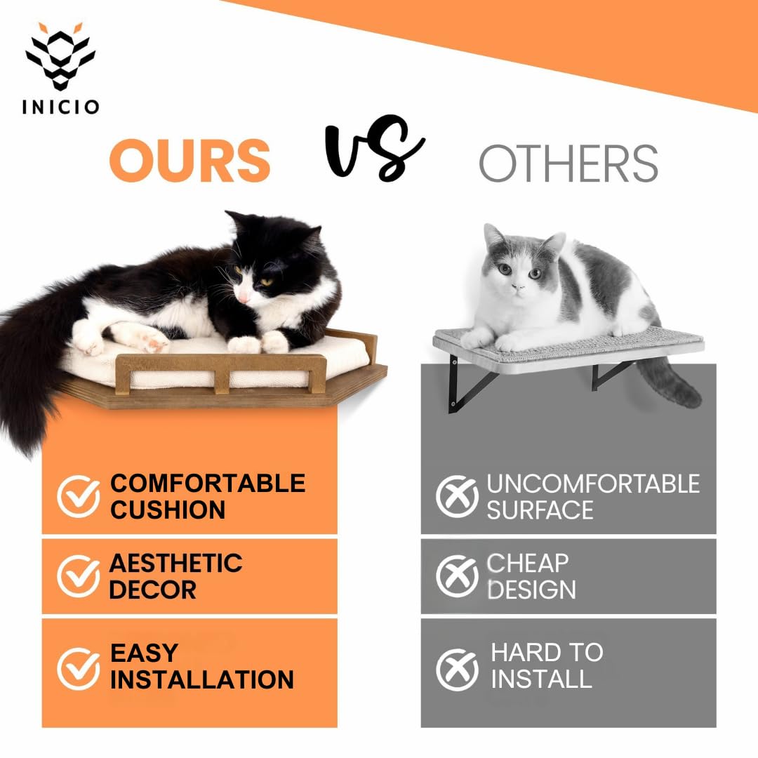 INICIO Cat Wall Shelves - Modern and Durable 3 Step Cat Furniture for Wall - Stylish Birch Floating Shelf for Cats up to 15lbs - Wooden Corner Shelves with Cushioned Perch - Brown