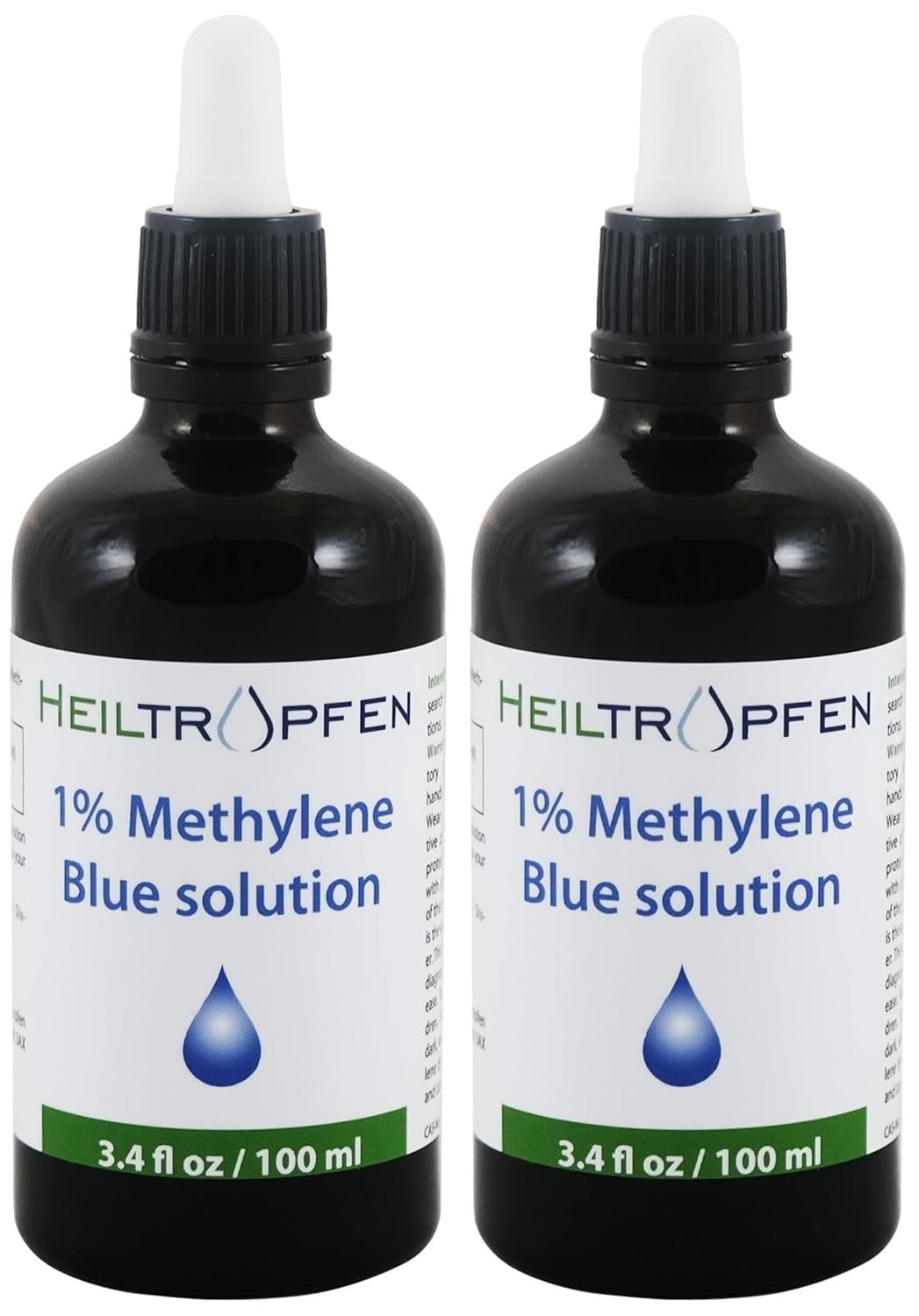 2x Methylene Blue 1% solution | 2x 3.4 Fl Oz - 2x 100 ml | Ultra High Purity | USP Pharma Grade Ingredients - Third-Party Tested | Formaldehyde free | Set of two | Glass Bottle | Heiltropfen®