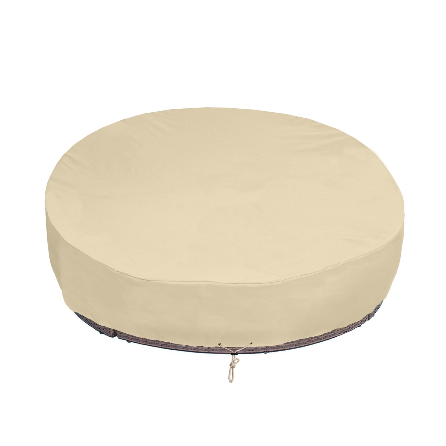 SunPatio Round Patio Daybed Cover 88 Inch, Heavy Duty Waterproof Outdoor Canopy Daybed Sofa Cover with Taped Seam, 88"L x 85"W x 35"/16"H, All Weather Protection, Beige