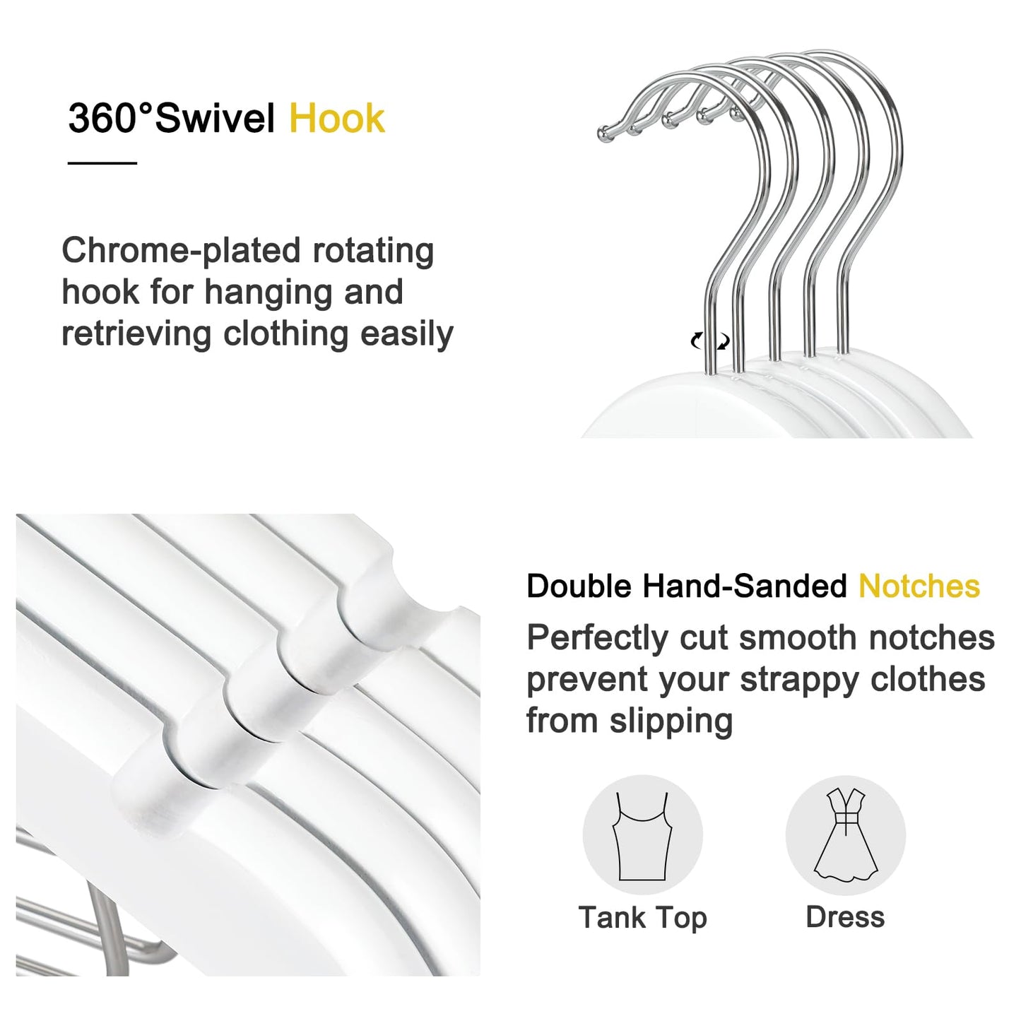 TOPIA HANGER Wooden Suit Hangers with Adjustable Metal Clips (20 Pack), Solid Smooth Wood Clothes Hangers, 360° Swivel Hook, Premium Pants Hangers for Clothes Coat, Jeans, Blouse-White,CT28W20