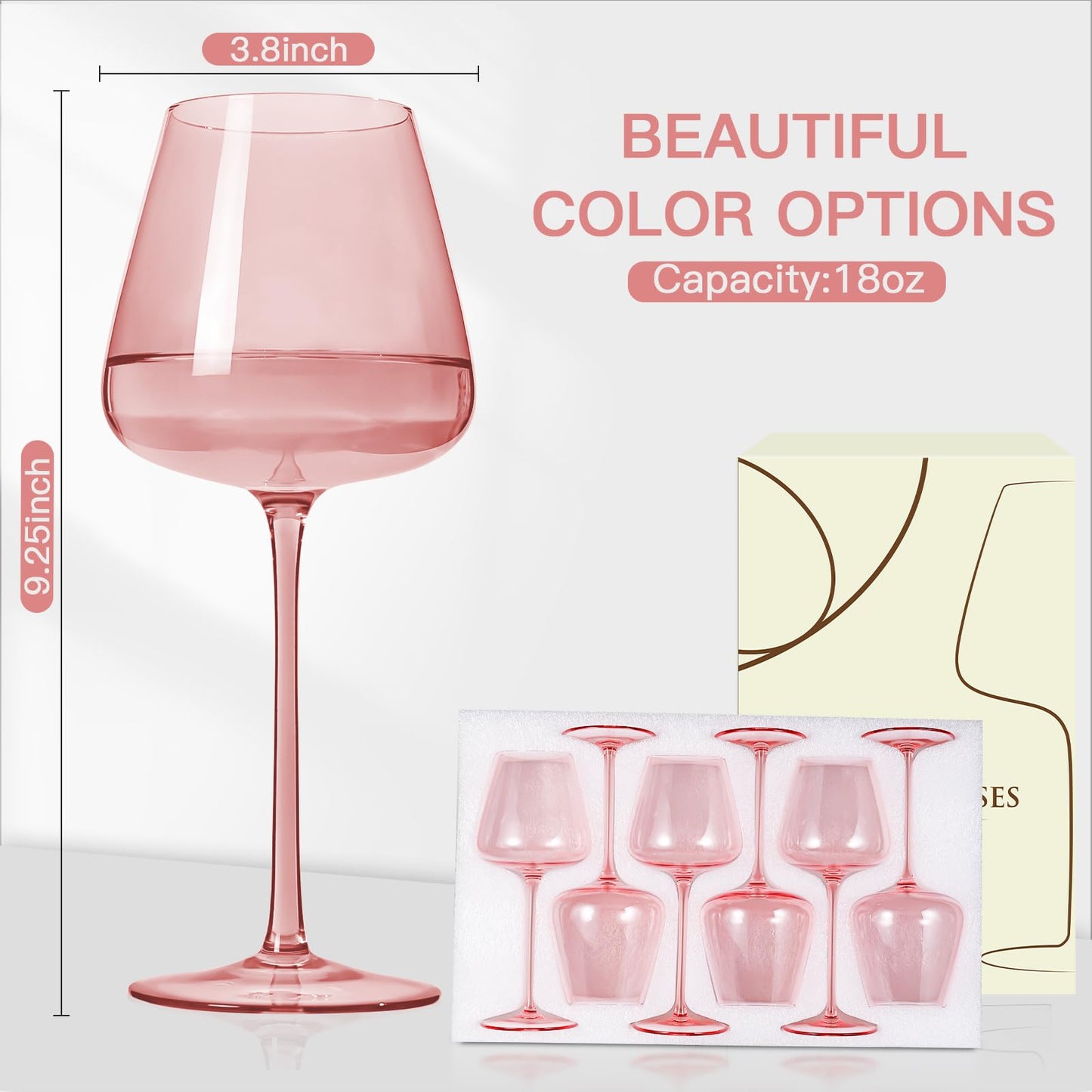JOVGANK Pink Wine Glasses Set of 6, Hand Blown Large Colored Wine Glass 18Oz, Lead-Free Premium Crystal Long Stem Red and Thanksgiving Wine Glass, Housewarming and Mother's Day Gift