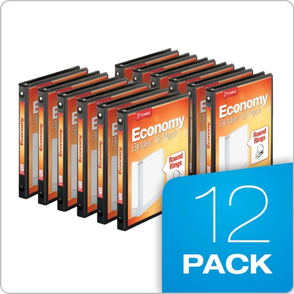 Cardinal Economy 3-Ring Binders, 1/2", Round Rings, Holds 125 Sheets, ClearVue Presentation View, Non-Stick, Black, Carton of 12 (90602)
