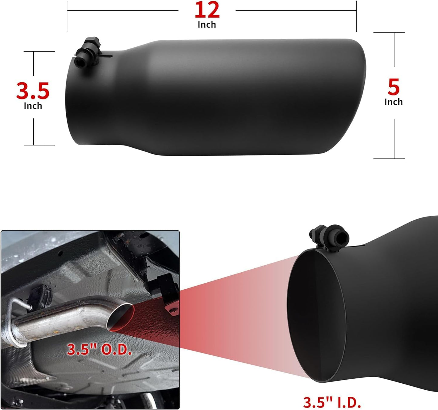 Richeer 3.5 inch Inlet Exhaust Tip, 3 1/2" Inlet 5” Outlet 12” Overall Length, Stainless Steel with Black Powder Finish, Fit 3.5" O.D. Exhaust Tailpipe, Rolled Edge, Bolt on