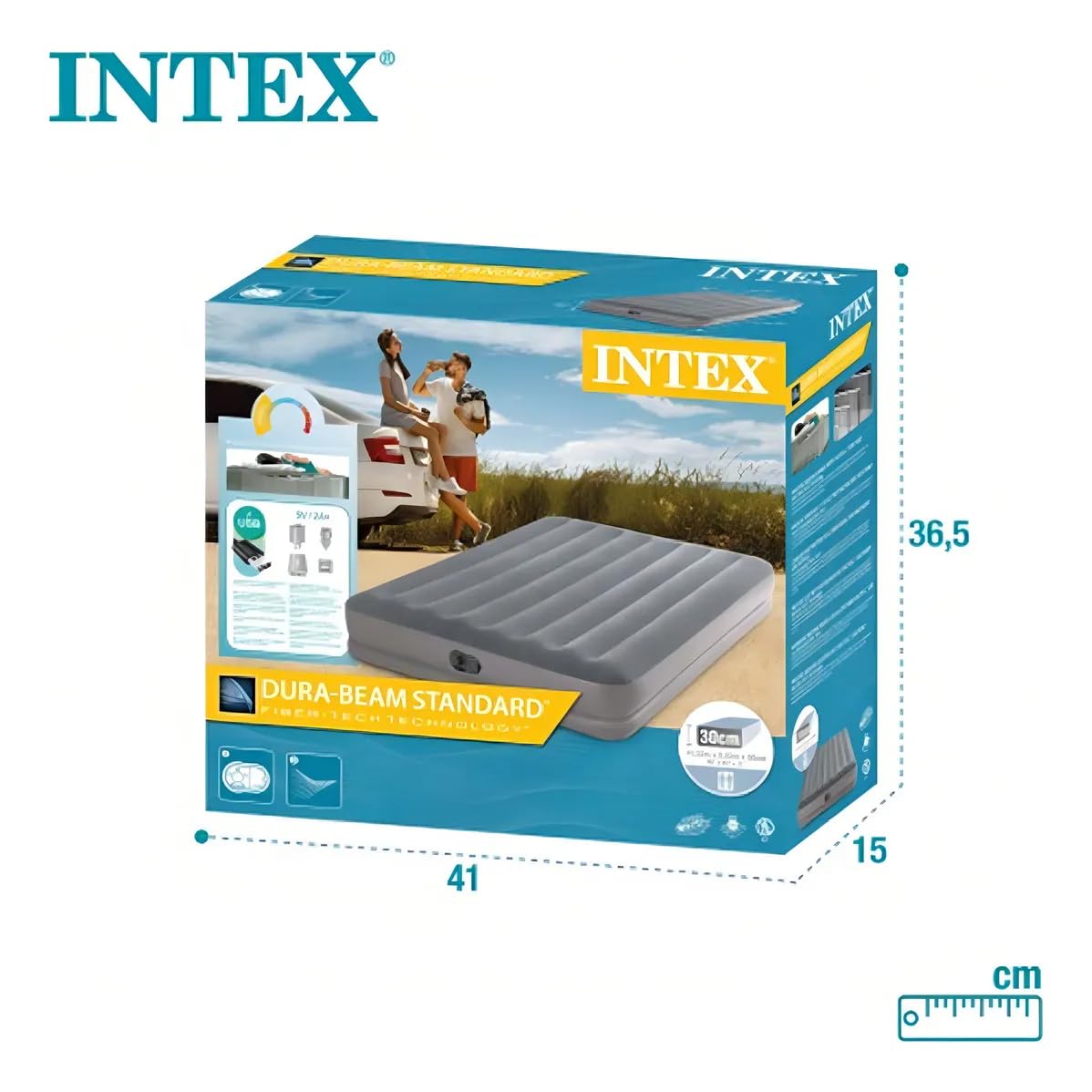 INTEX 64114E Dura-Beam Standard Prestige Air Mattress: Fiber-Tech – Queen Size – Built-in USB Electric Pump – 12in Bed Height – 600lb Weight Capacity