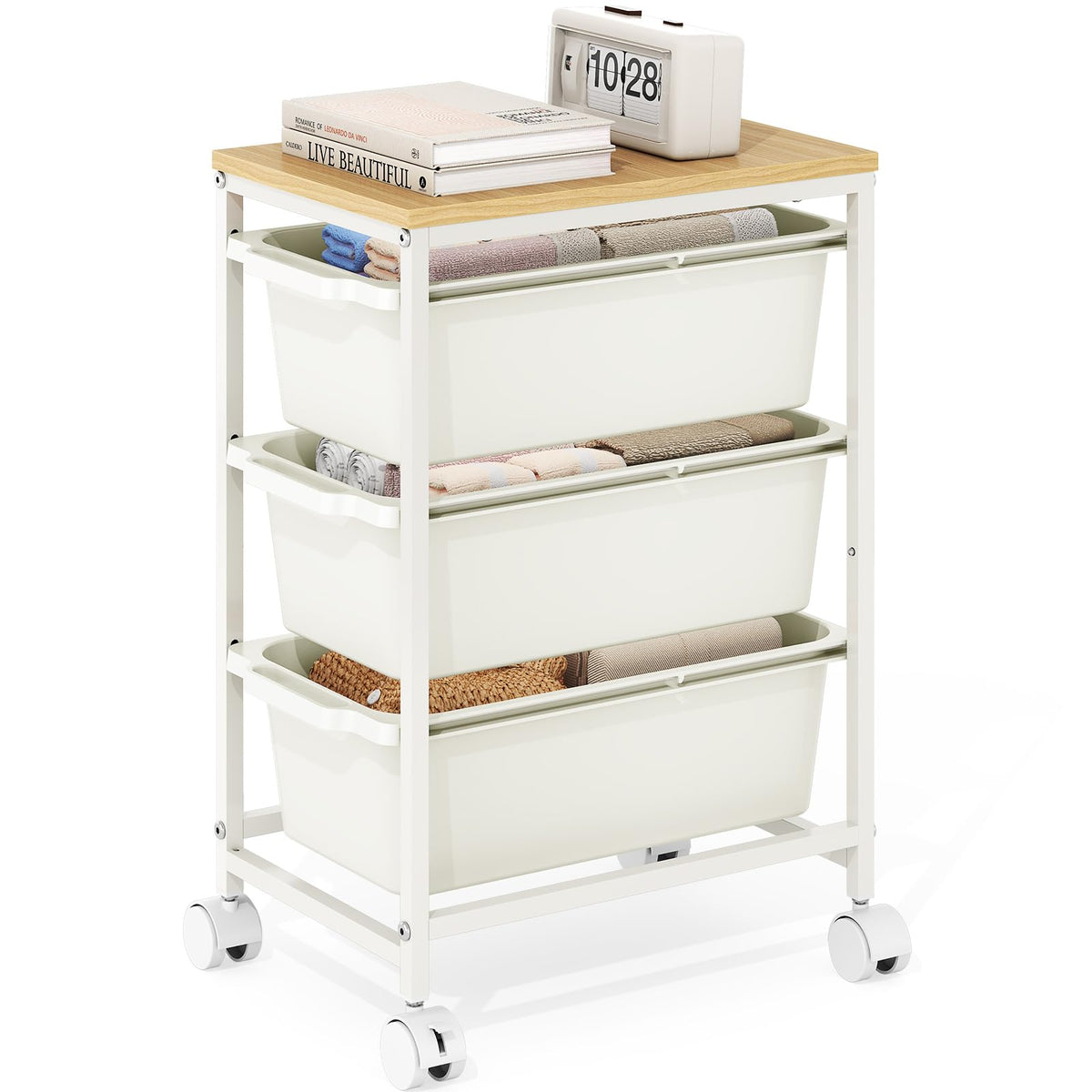 Rolling Storage Cart with 3 Drawers, Craft Organizer, Wooden Tabletop Utility Cart for Bedroom, Children's Room and Office Organization, Under Desk Trolley with Lockable Wheels, White