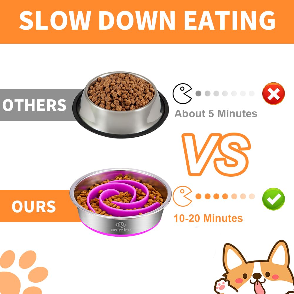 2-in-1 Metal Dog Bowl with Slow Feeder Insert, Stainless Steel Dog Bowls Food Grade 304, Water Food Bowl with Anti-Slip Silicone Base for Small, Medium, Large Dogs