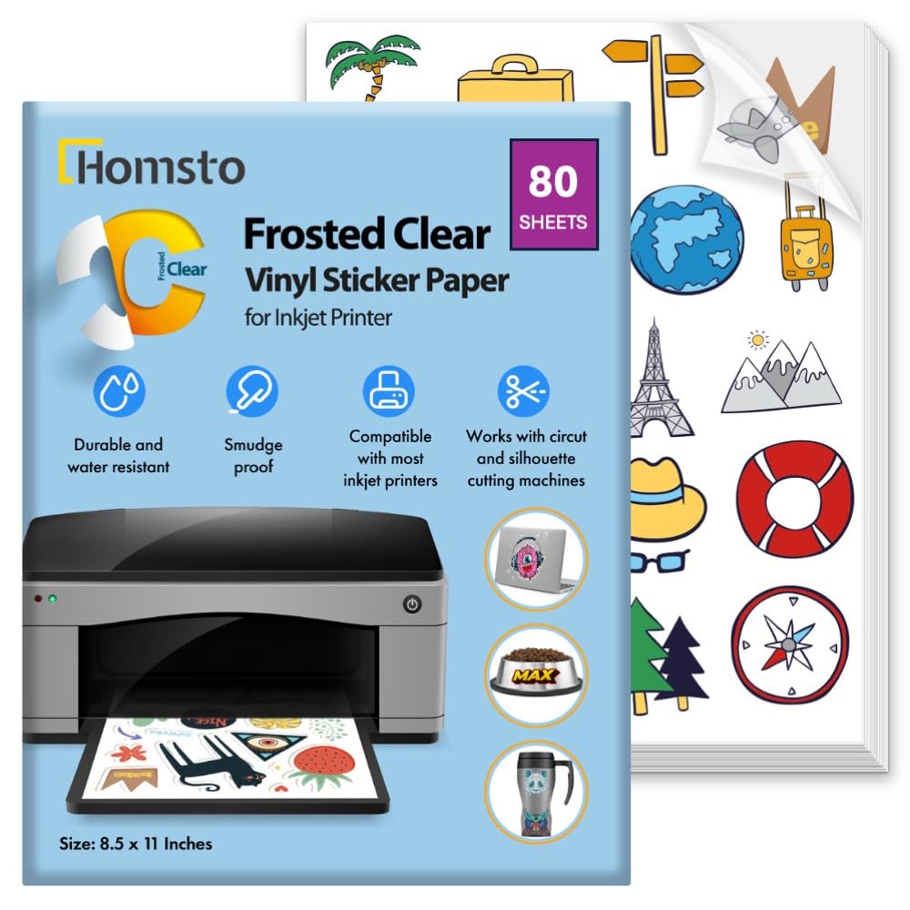 Homsto Vinyl Sticker Paper, Frosty Clear Printable Vinyl Sticker Paper for Inkjet Printer, Quick-Drying, Water and Scratch-Resistant, Self-Adhesive for Most Surfaces, 8.5 x 11 Inches
