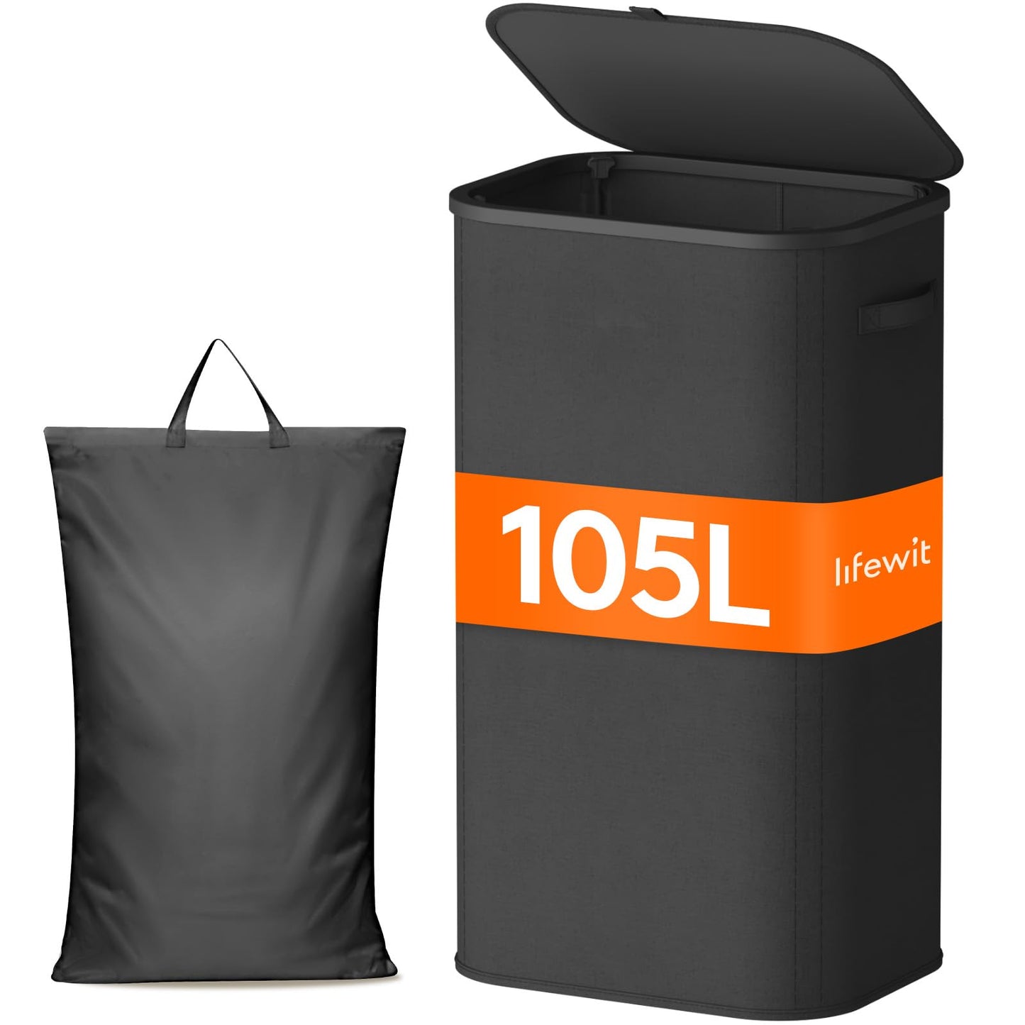 Lifewit 105L Laundry Basket with Lid, Large Laundry Hamper with Plastic Handles and Removable Bag, Foldable Tall Dirty Clothes Hampers for Laundry for Laundry Room, Bedroom, Bathroom, Dorm, Black