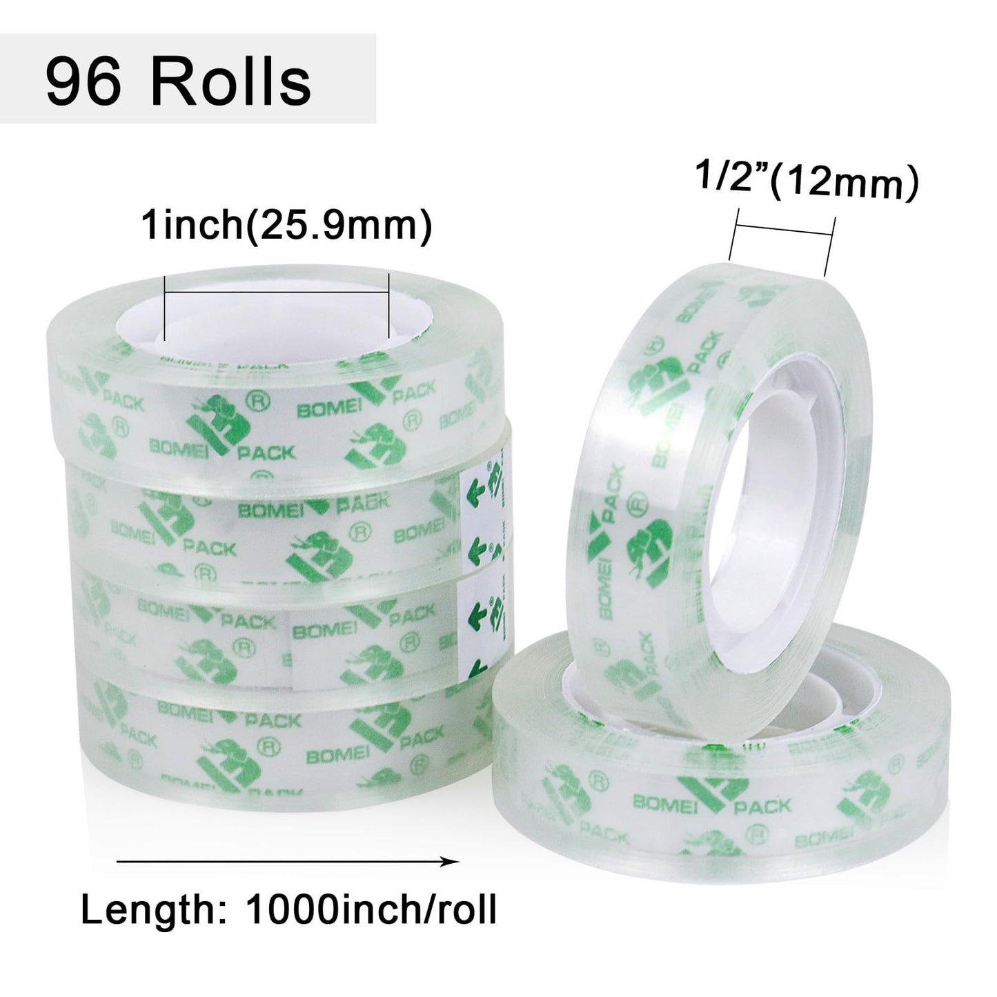 BOMEI PACK 96Rolls Crystal Clear Tape Refills for Dispenser, Bulk Office Transparent Tape for Home and School, 1/2Inch x 1000 inch