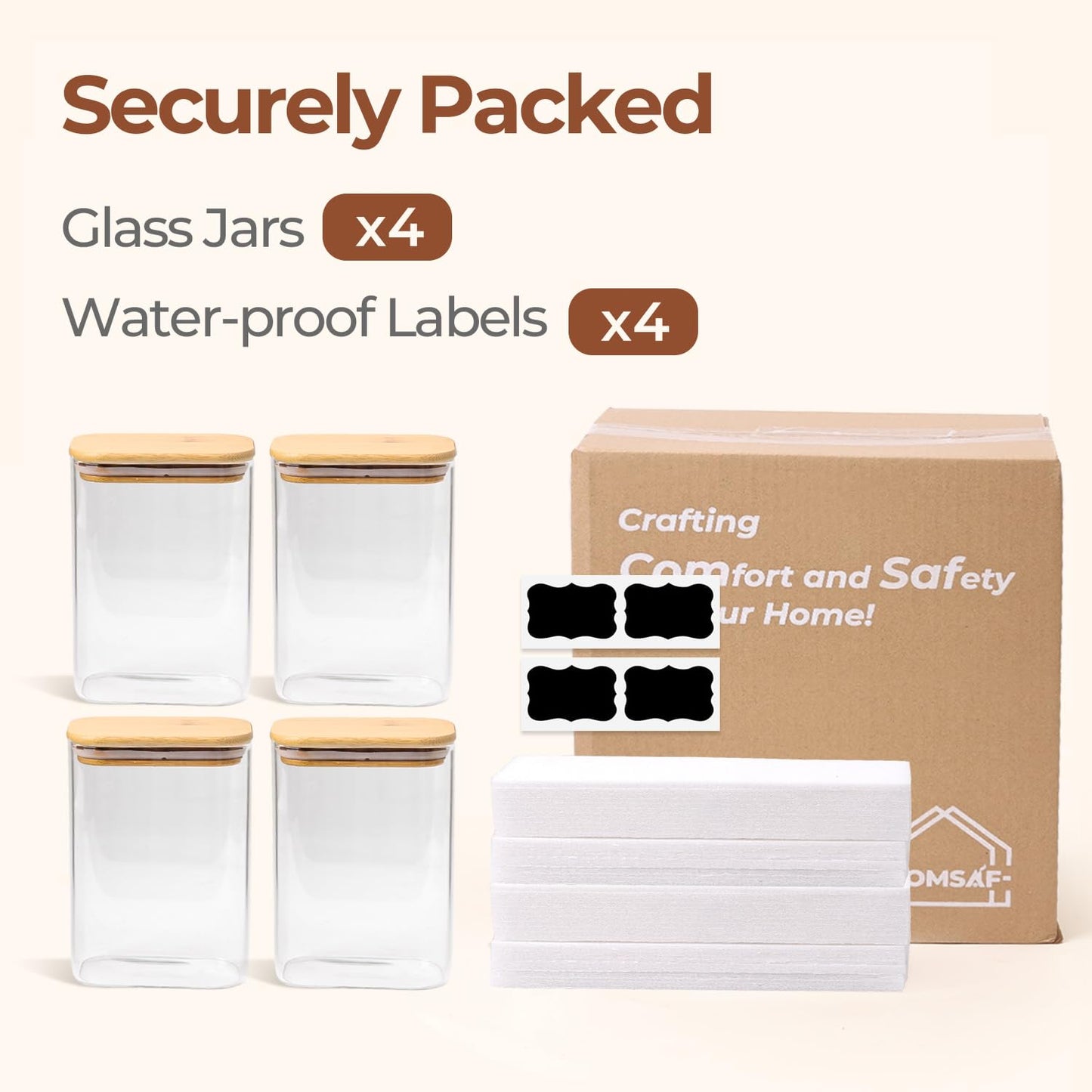 ComSaf 1.7L Rectangle Glass Containers with Lids, Glass Jars with Bamboo Lids, Clear Food Storage Jar, Cereal Storage Containers, Pantry Storage for Brown Sugar Pasta Flour Oats Nuts Tea