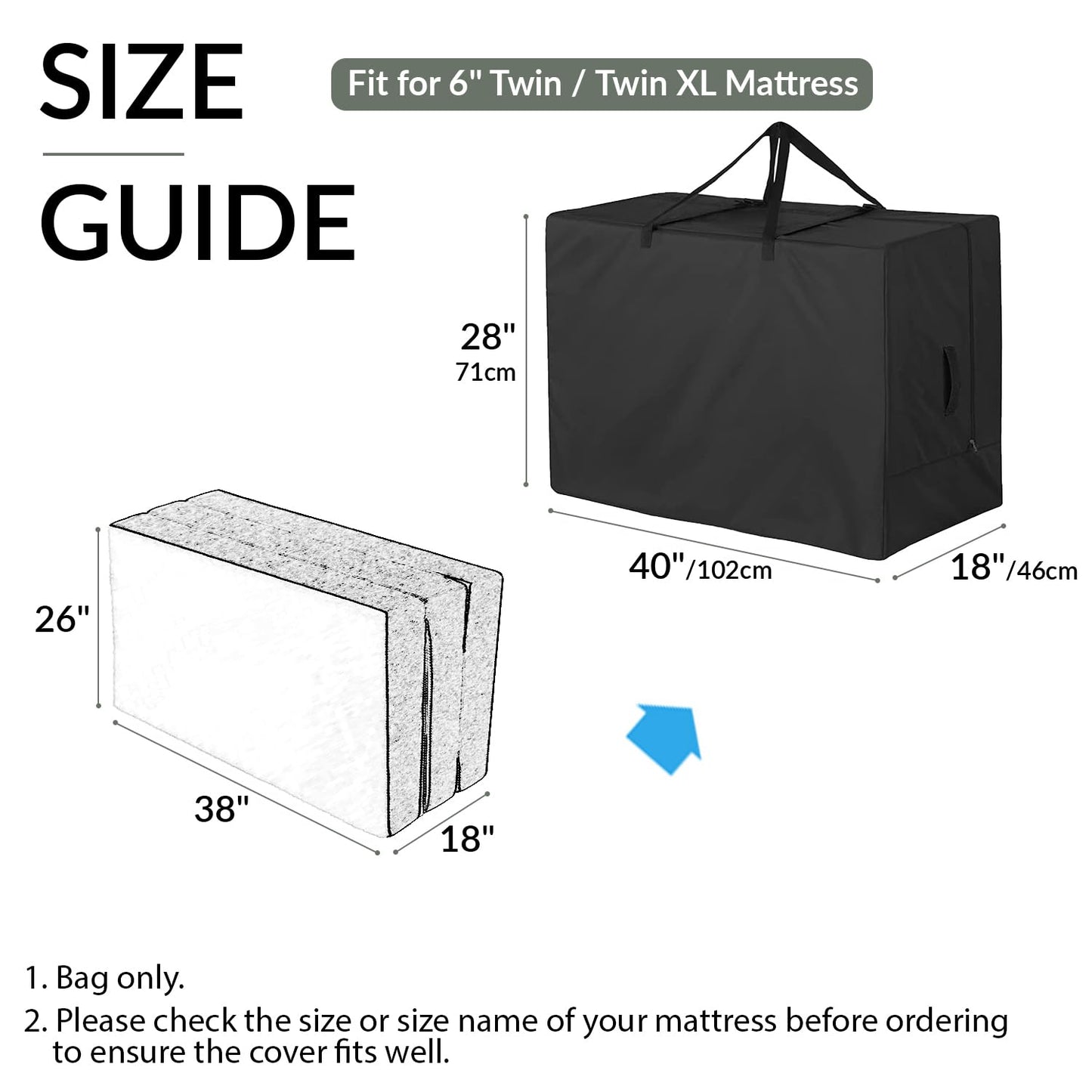 Joymo Folding Mattress Storage Bag for 6" Twin & Twin XL, Waterproof Foldable Mattress Cover for Memory Foam Guest Bed, Dustproof Heavy Duty Tri-Fold Floor Mattress Carrying Case (28"x40"x18")
