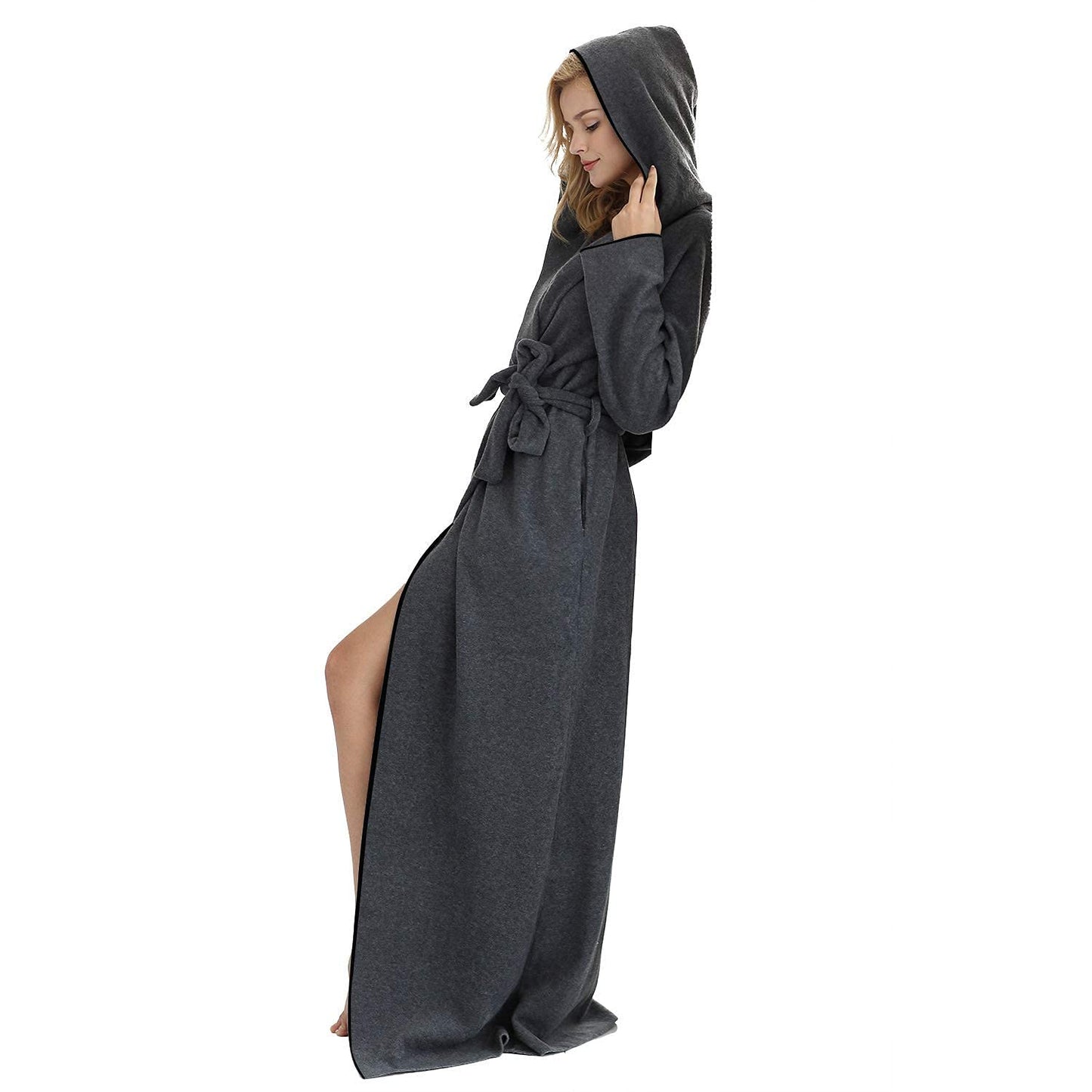7 VEILS Women and Men MicroFleece Ultra Long Robe Floor-Length Hooded Bathrobes Lounge wear, #2 Dark Grey for Men, Large