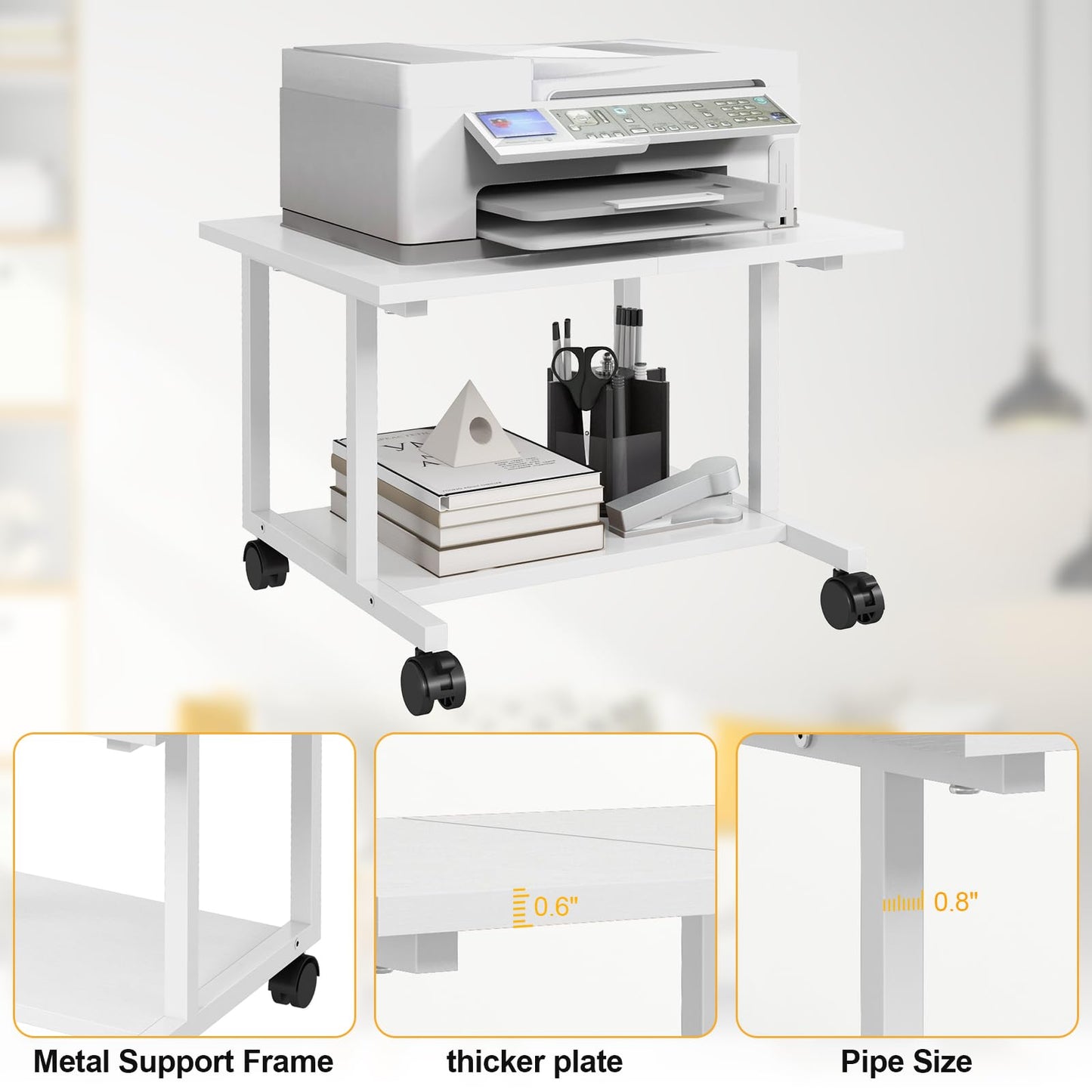 Livofloral Under Desk Printer Stand, Mobile Printer Table for Home Office, Printer Trolley with Wheels, Large Printer Stand, Printer Trolley for Desk, White