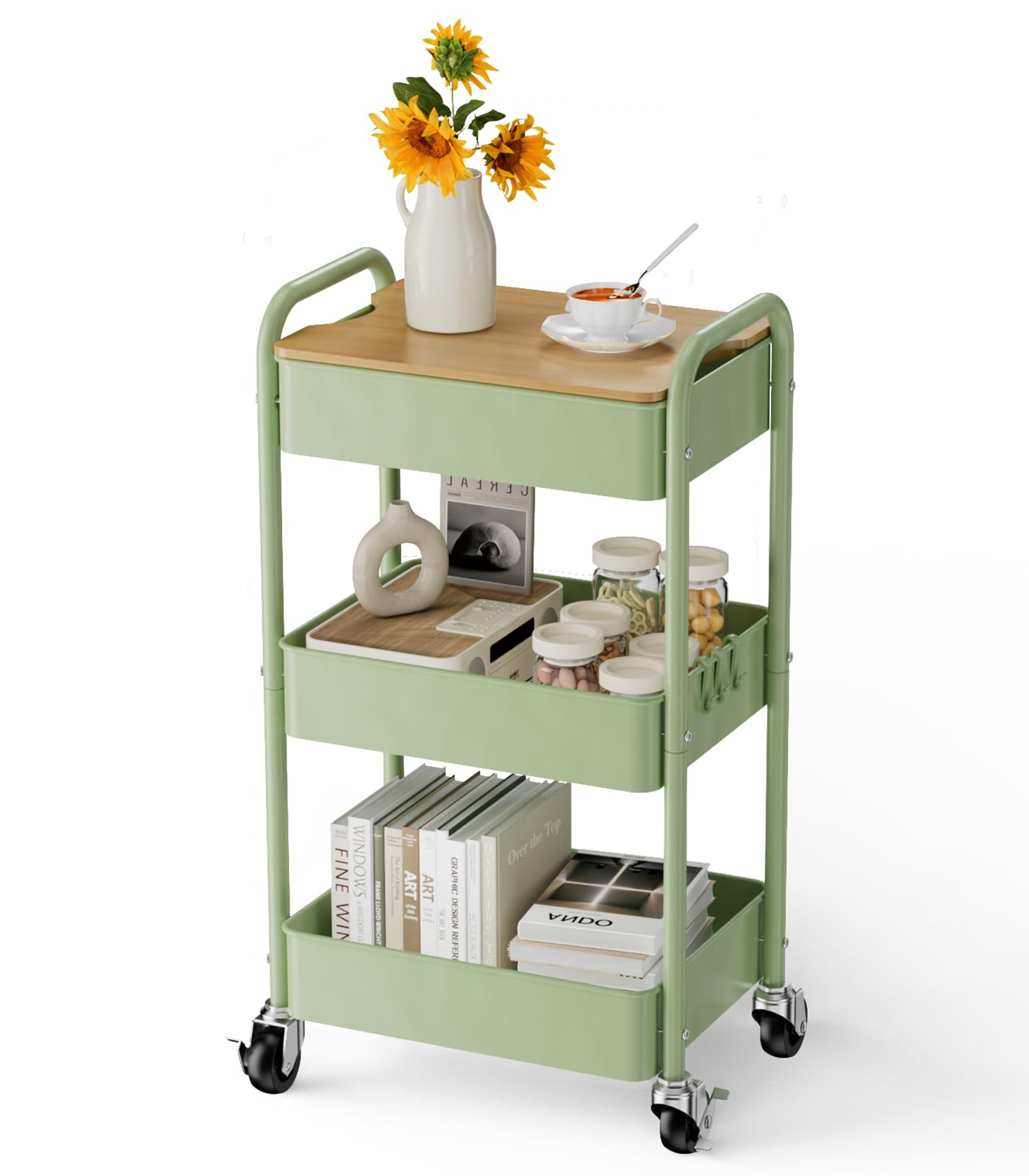 3 Tier Rolling Cart with Table top, Metal Rolling Utility Cart, Storage Organizer Cart with Locking Wheels & Hooks for Office, Classroom, Kitchen and Bathroom, Green
