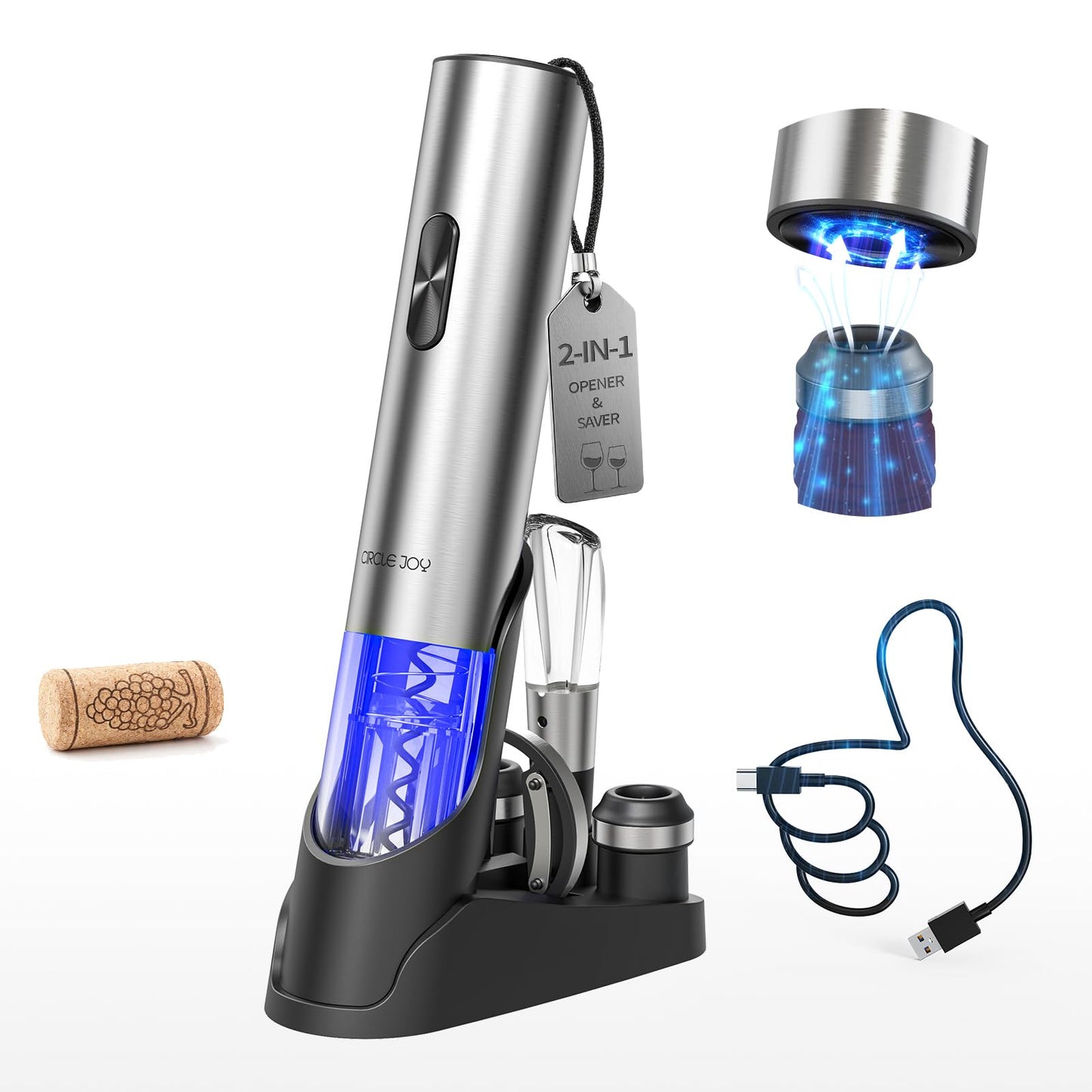 CIRCLE JOY Electric Wine Opener 7-in-1 Stainless Steel Rechargeable Electric Wine Bottle Opener Gift Set with Vacuum Pump, Foil Cutter, Wine Pourer, 2 Vacuum Stoppers & Charging Station