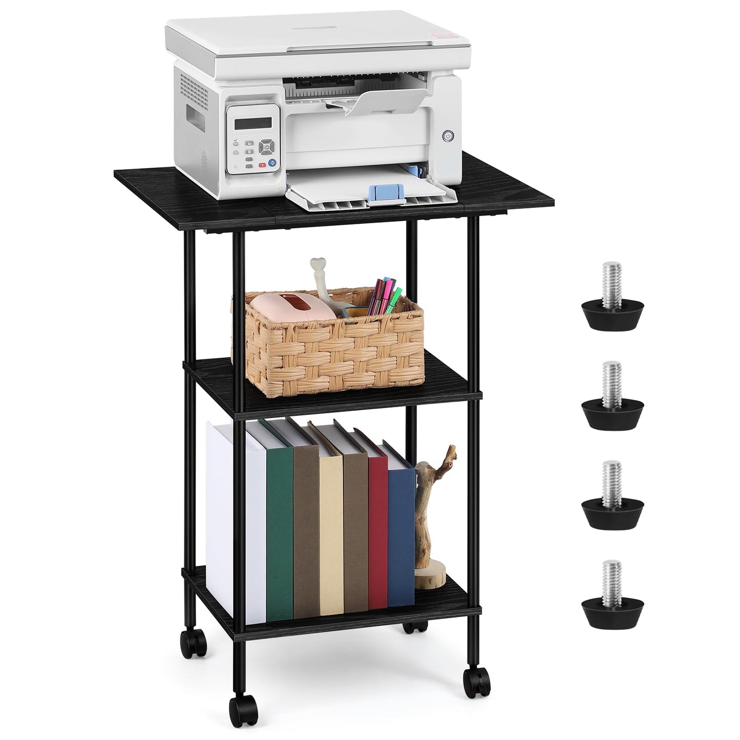 Shinoske Black Printer Stand with Storage,3 Tier Large Printer Table with Wheels for Home Office,Rolling Printer Cart with Storage Shelf,for Under Desk,Living Room,Kitchen