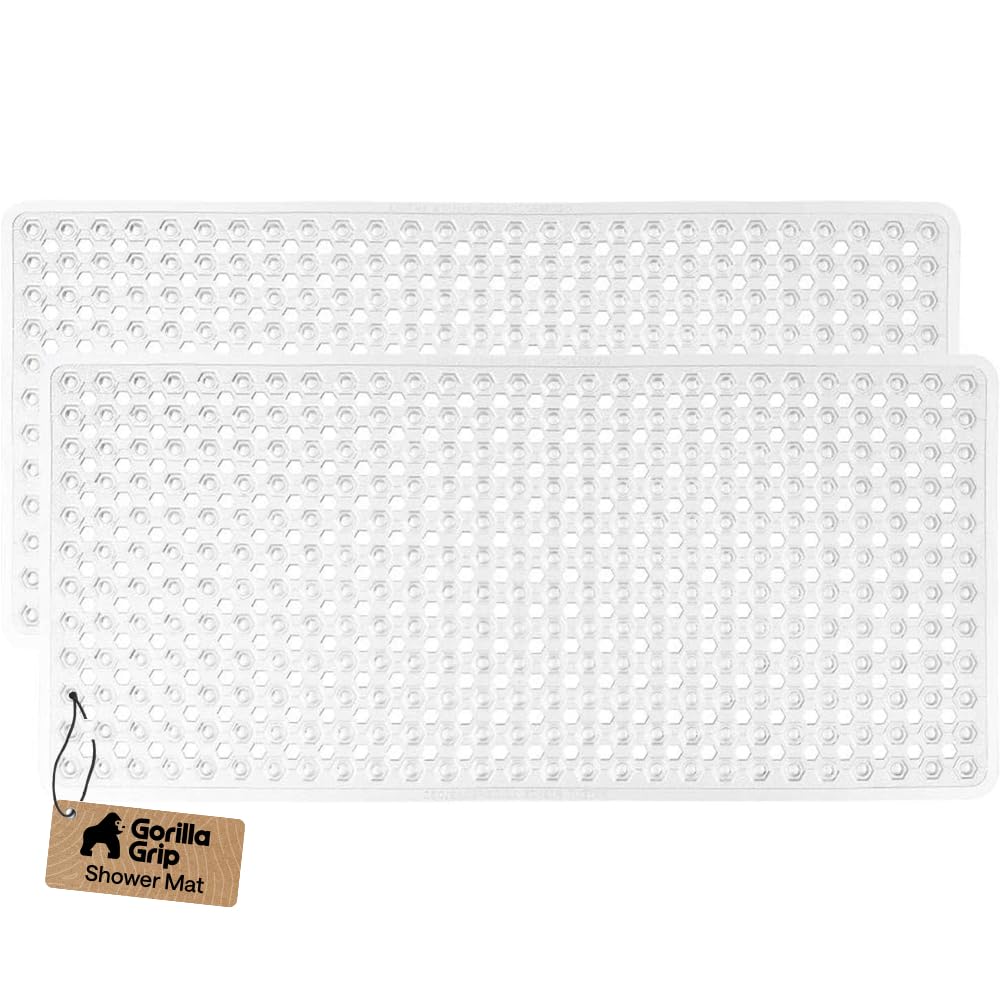 GORILLA GRIP Bath Tub Shower Mat, 2 Pack, Machine Washable Bathtub Floor Liner Mats, Suction Cups and Drain Holes to Keep Tubs Clean, Soft on Feet, Bathroom Essentials, 89x41 cm, Clear