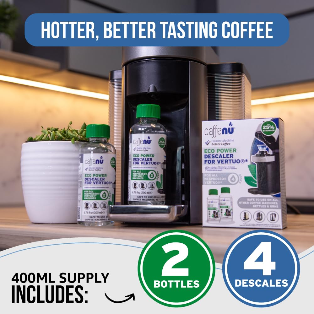 Nespresso Compatible Descaling Kit. 2 Bottles of Vertuo Descaler Solution. Removes Limescale For Hotter Coffee. 4 Uses Descaler For Nespresso Vertuo Coffee Machines.
