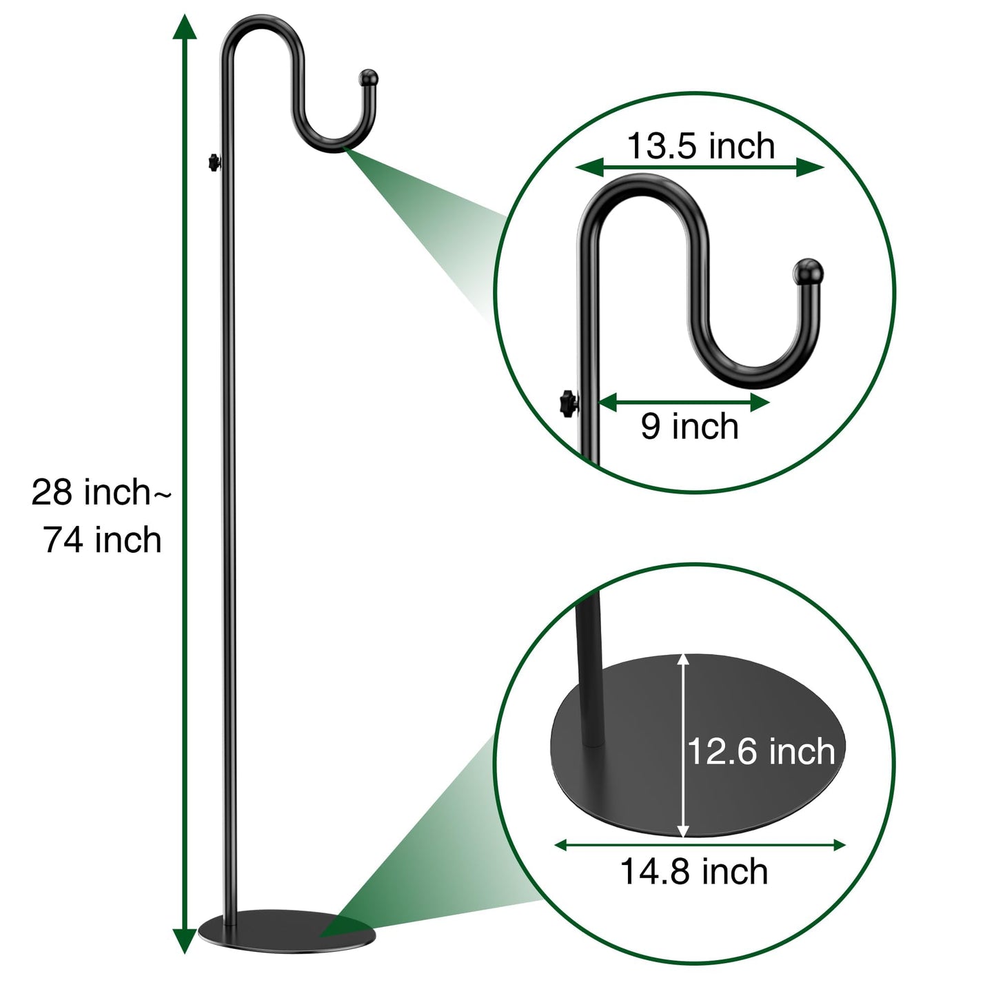 74" Shepherds Hook Stand for Plant: Hanging Bird Feeders, Plants, Lanterns, Wreath and Wind Chimes, Adjustable Free Standing Pole Holder with Heavy Duty Base for Indoor & Outdoor, Holds Up to 20 LBS