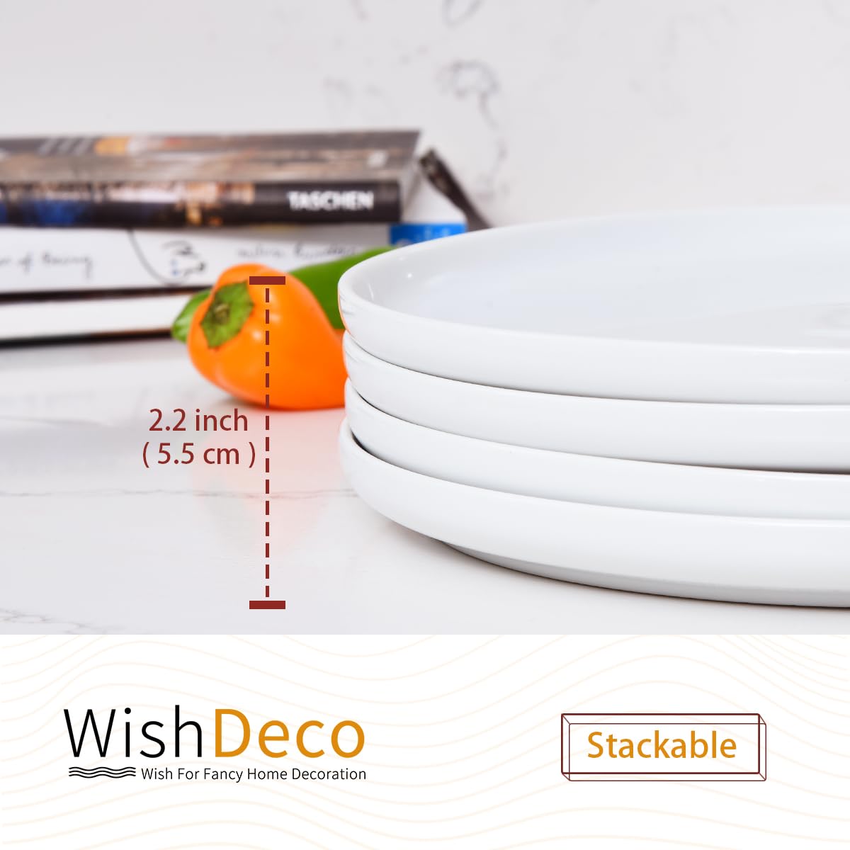 WishDeco Ceramic Dinner Plates Set of 4, Large Serving Plates 10.5 Inch / 27cm, White Round Porcelain Serving Dishes for Salad, Pizza, Steak, Buffet, Microwave & Dishwasher Safe