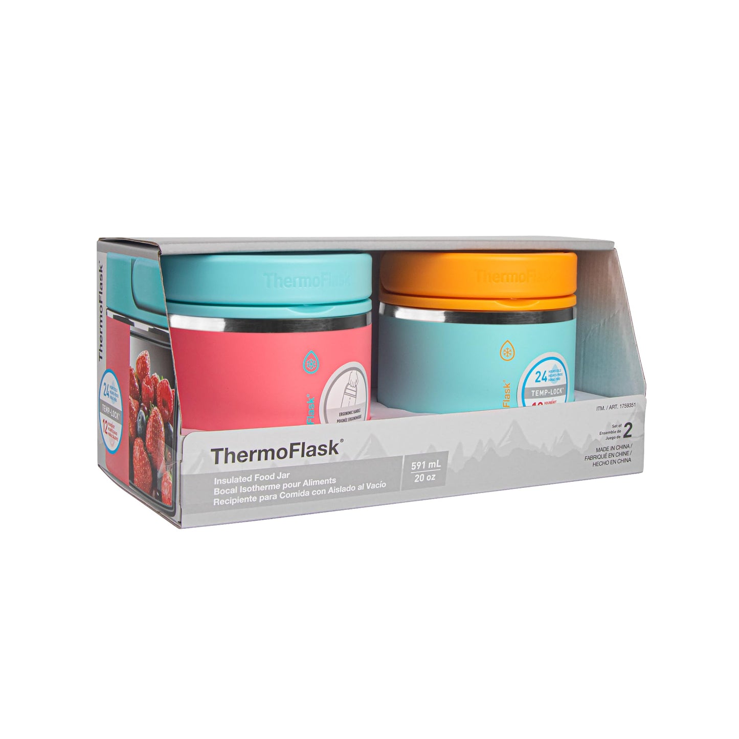 ThermoFlask 20 oz Double Wall Insulated Food Jar, 2-Pack, Sugar Coral + Maui Blue/Maui Blue + Sunrise
