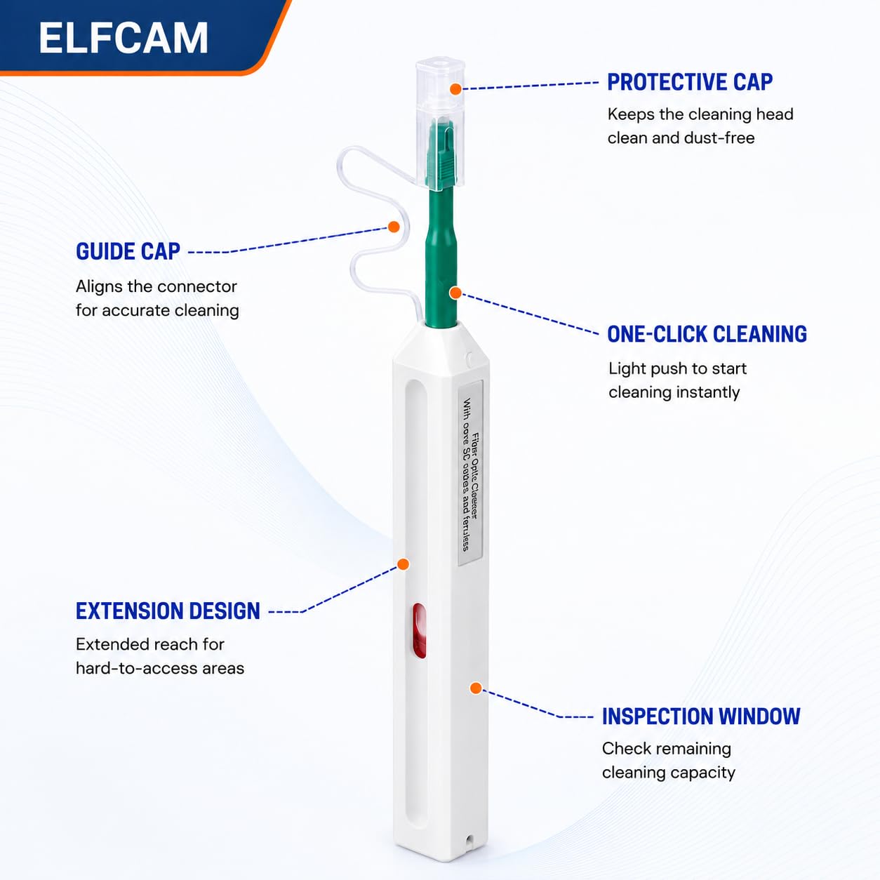 Elfcam® - Fiber Optic Cleaning Pen Tip-Pen for LC/SC/FC/ST Female Adapter (PC and UPC), LC/SC/FC/ST Male Connectors and Bushings, More Than 800 Cleanings