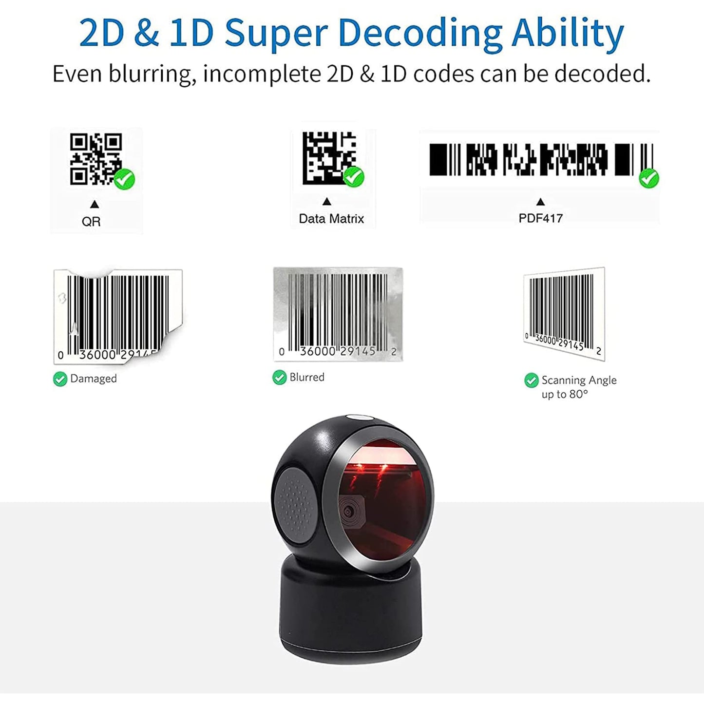 2D QR Barcode Scanner Omnidirectional Hands-Free Automatic Barcode Reader for Mobile Payment Computer Screen ScanMeters