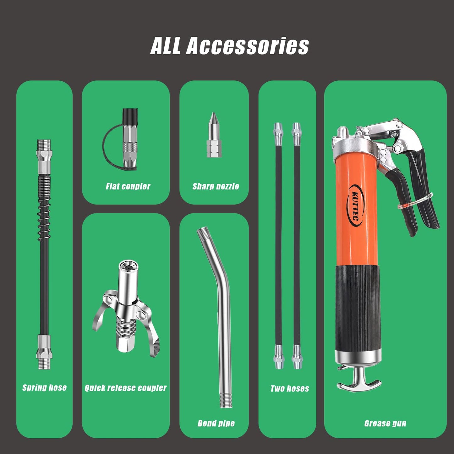 Kuttec Grease Gun，Professional 9000 PSI Heavy Duty 400 cc/14oz. Pistol Grip Grease Gun kit Include 1 Quick Release Coupler,1 Lock Coupler,1 Spring Flex Hose,2 Hose,1 Sharp Nozzle,1 Rigid Pipe.