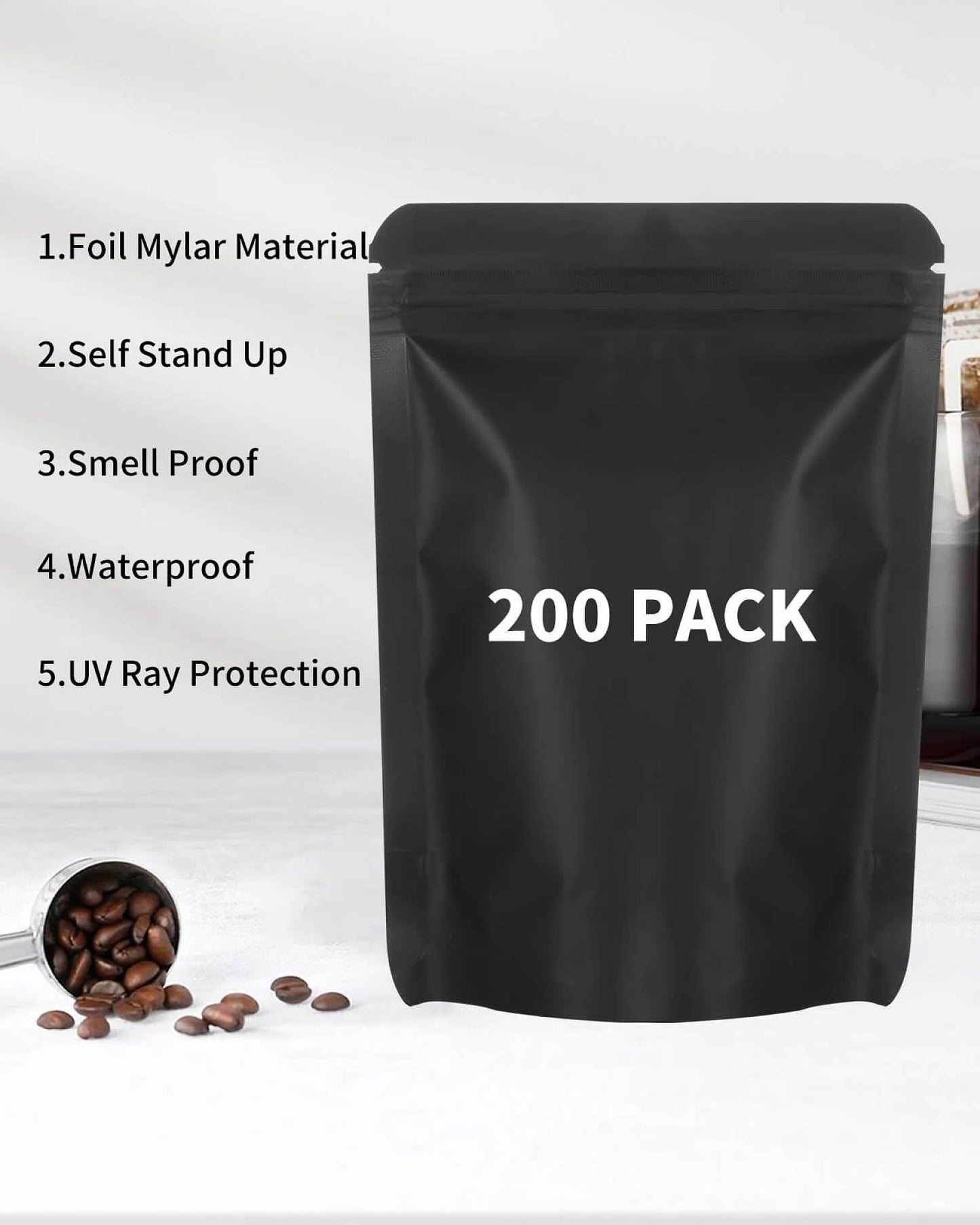 200 Pieces Resealable Mylar Bags Stand Up Foil Pouch for Zip Aluminium Foil Lock Food Storage Packaging Airtight Zipper Pouches, Black, 5.5x7.9 inch, Self Stand
