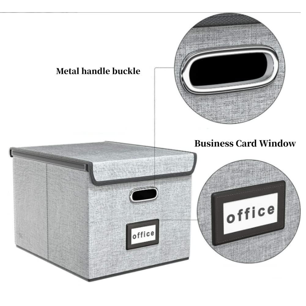 WEIANG Portable File Organizer Box, File Storage Box with Lid, Collapsible Linen Hanging Filing Storage Boxes with Plastic Slide, Durable Hanging File Box for Office/Decor/Home (Gray,2pcs)