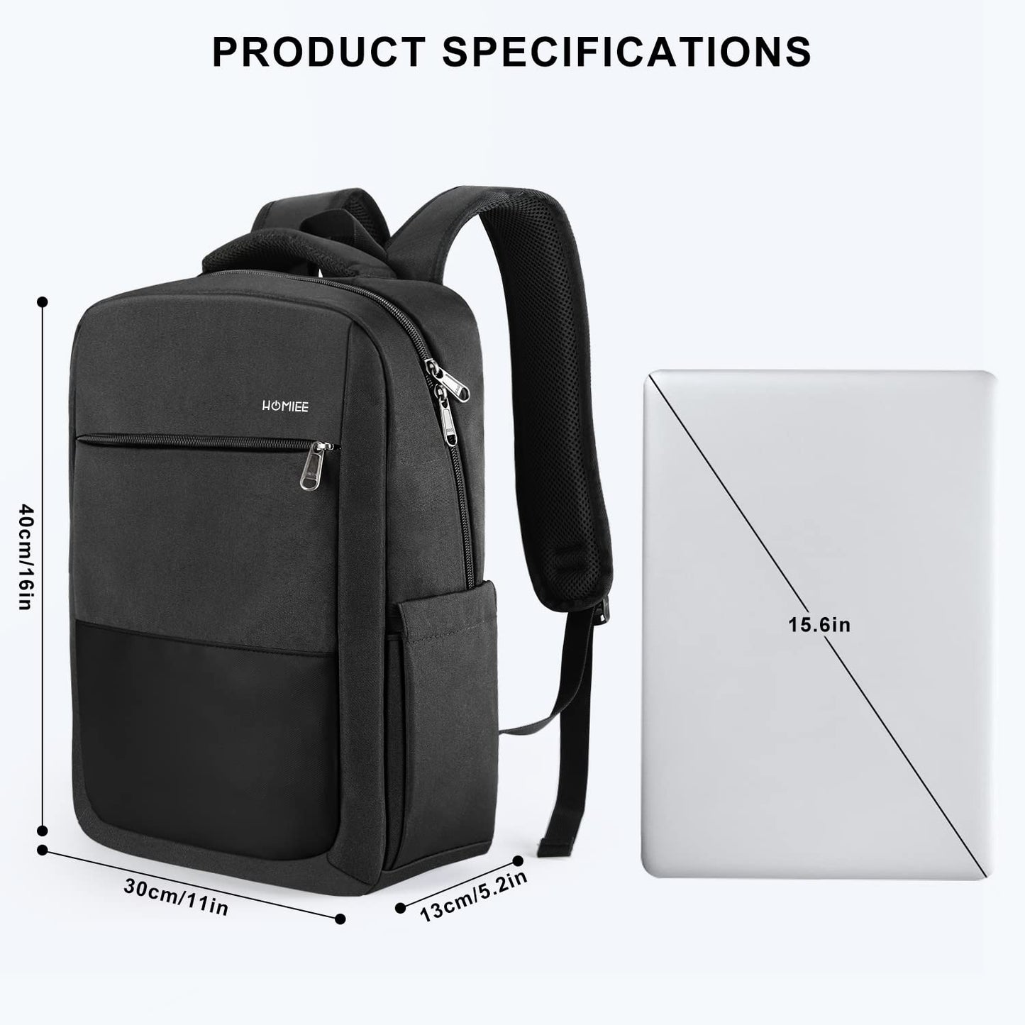 HOMIEE 15.6-Inch Laptop Backpack, High-Capacity Backpack for Men Women USB Charging Port Travel/Business/College Backpack