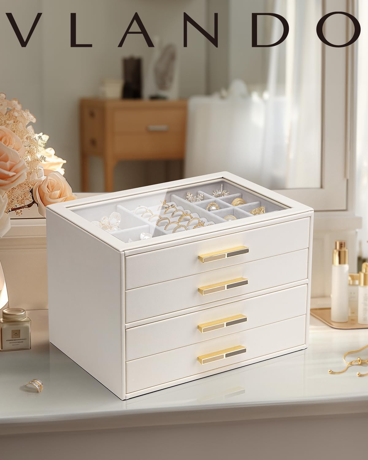 Vlando Jewelry Box with Glass Lid,Jewelry Organizer with 4 Drawers,4-Layer Jewelry Box for Women Girls,Gift for Loved Ones,Beige